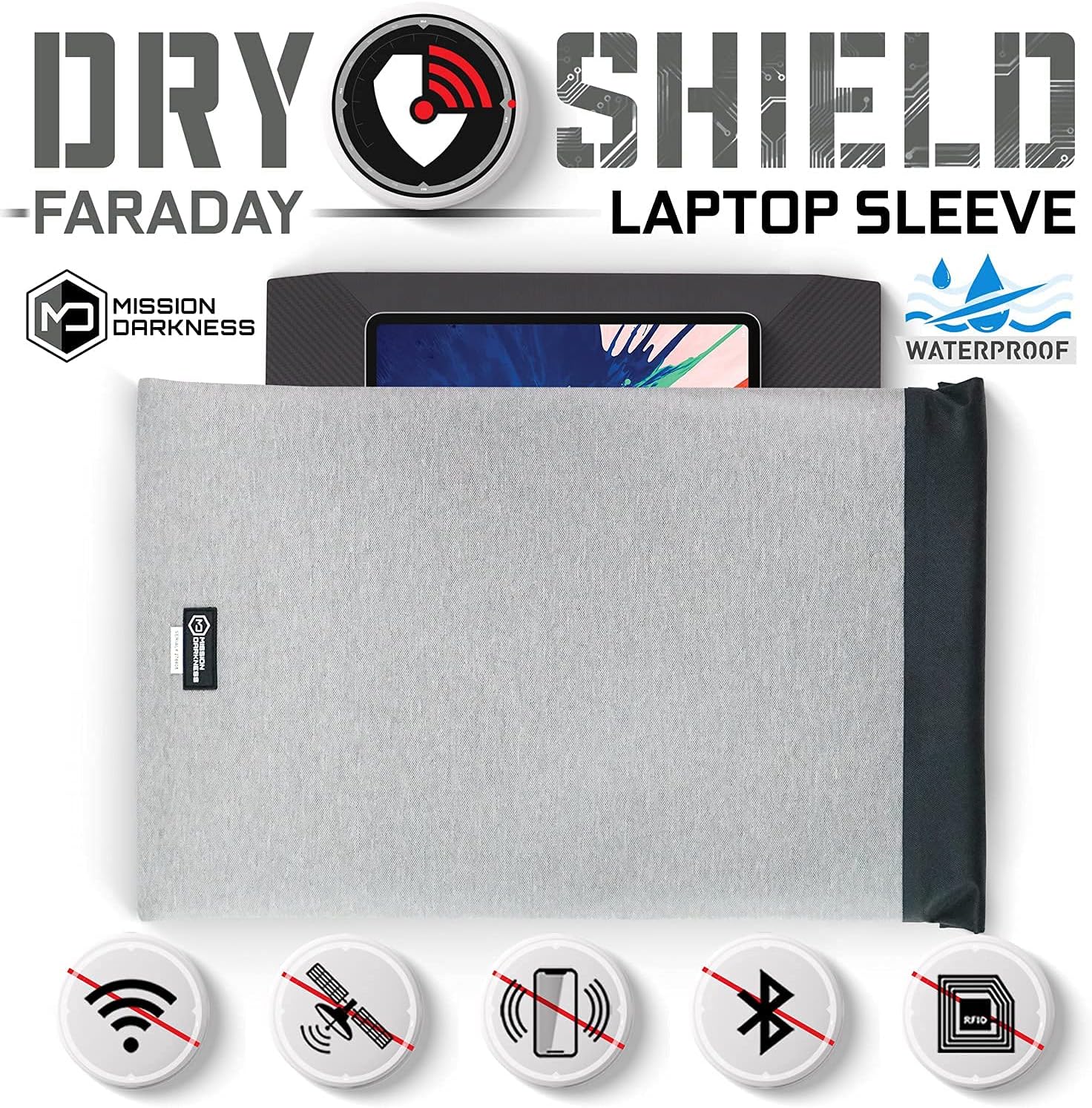 Mission Darkness Dry Shield Faraday Laptop Sleeve // Slim Waterproof Bag for Laptop Computers, RF Shielding Liner, Felt Padding, Magnetic Roll Closure, Signal Blocking, Anti-Hacking, Data Security