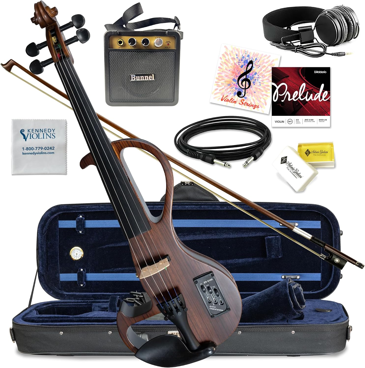 Electric Violin Bunnel Edge Outfit 4/4 Full Size Clearance (Dark Zebrano) — With Carrying Case and Accessories - Headphone Jack - Piezo Ceramic Pick-up by Kennedy Violins