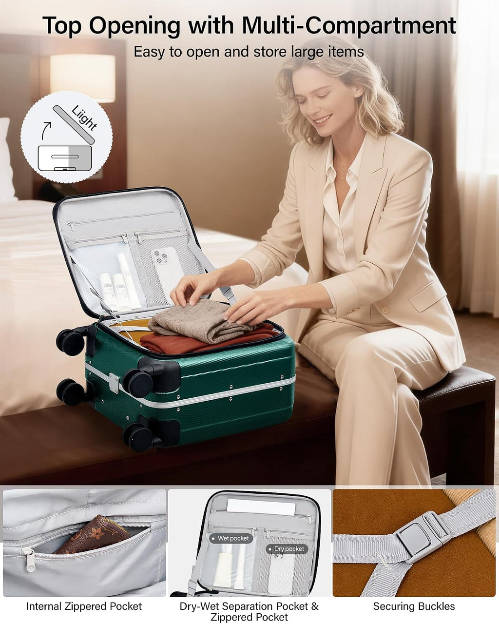 Hanke 16 Inch Underseat Carry On Suitcases with Wheels,Lightweight Hard Shell Carry on Luggage for Weekender,Top Opening Small Suitcase,Travel Luggage for Womem Men,Dark Green.