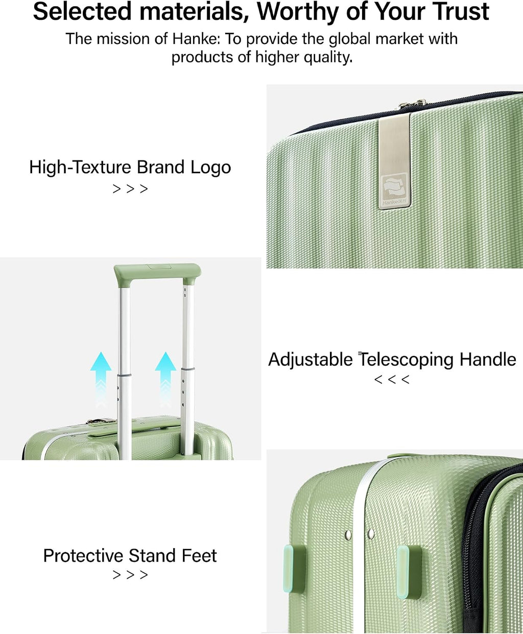Hanke 16 Inch Underseat Carry On Luggage with Wheels,Small Hard Shell Suitcases for Weekender,Top Opening Lightweight Travel Luggage Suitcase for Womem Men,Bamboo Green.
