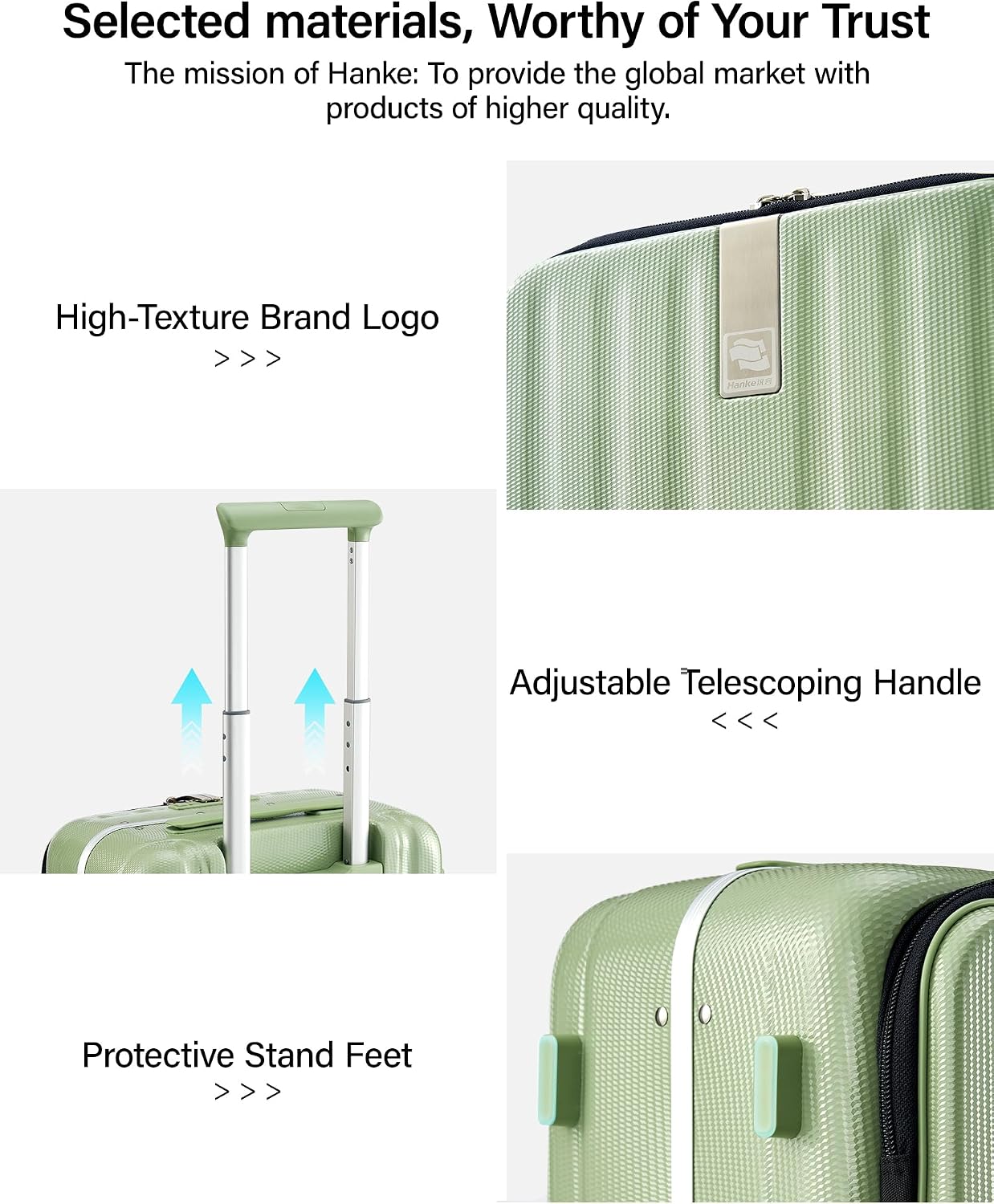 Hanke 16 Inch Underseat Carry On Luggage with Wheels,Small Hard Shell Suitcases for Weekender,Top Opening Lightweight Travel Luggage Suitcase for Womem Men,Bamboo Green.