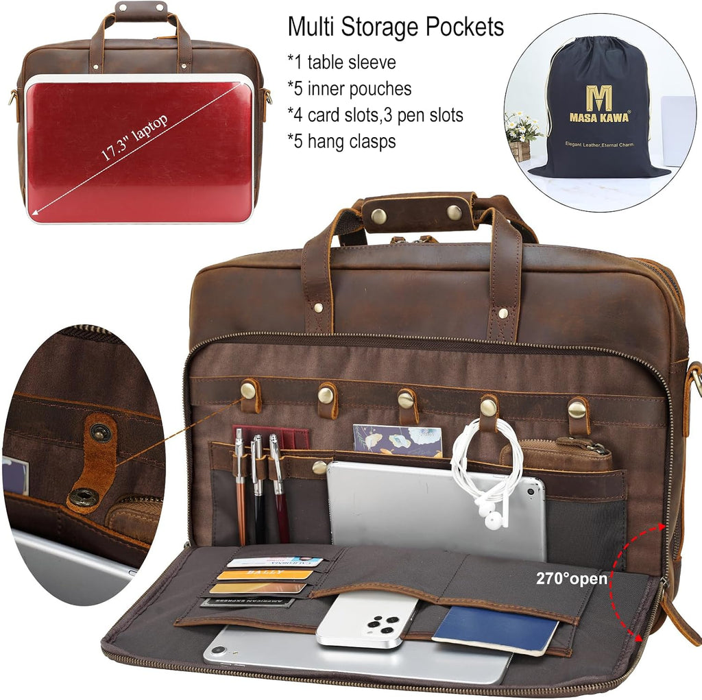 Masa Kawa Leather Briefcase for Men 17/15.6' Laptop Crossbody Shoulder Messenger Bag Business Travel Work Attache Case