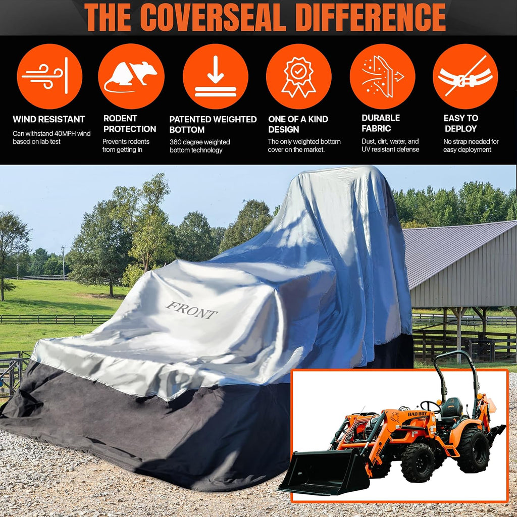 Heavy Duty Outdoor Tractor Cover with Patented Weighted Ground Conforming Apron Seal – Wind Resistant & Water Protection for Automobiles - Mid Size 189 L x 75 W x 86 H inch
