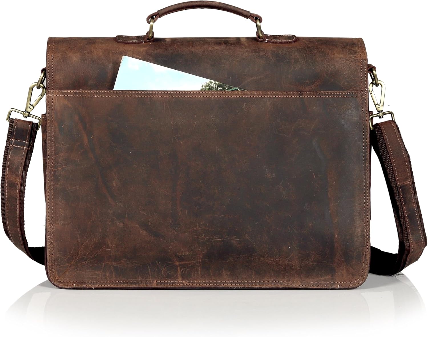 Vintage Leather Messenger Bag for Men & Women, Multi-Pocket Briefcase Satchel, Laptop Shoulder Bag