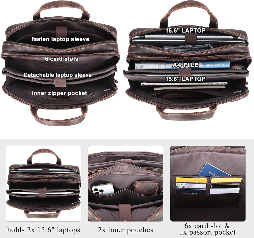Masa Kawa Leather Briefcase for Men 15.6', 17' Laptop Computer Case Business Travel Work Messenger Cross Body Shoulder Bag