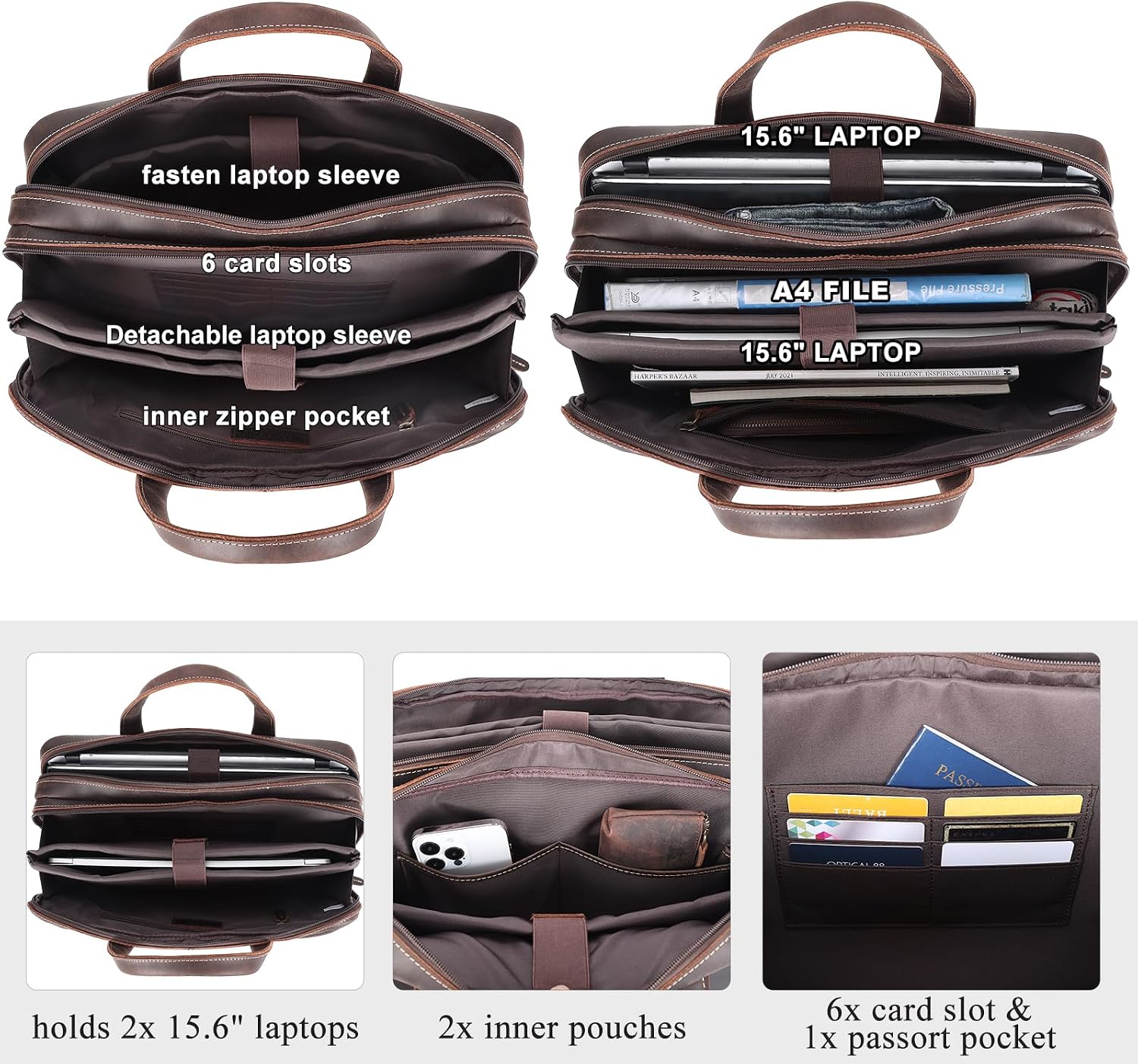 Masa Kawa Leather Briefcase for Men 15.6', 17' Laptop Computer Case Business Travel Work Messenger Cross Body Shoulder Bag