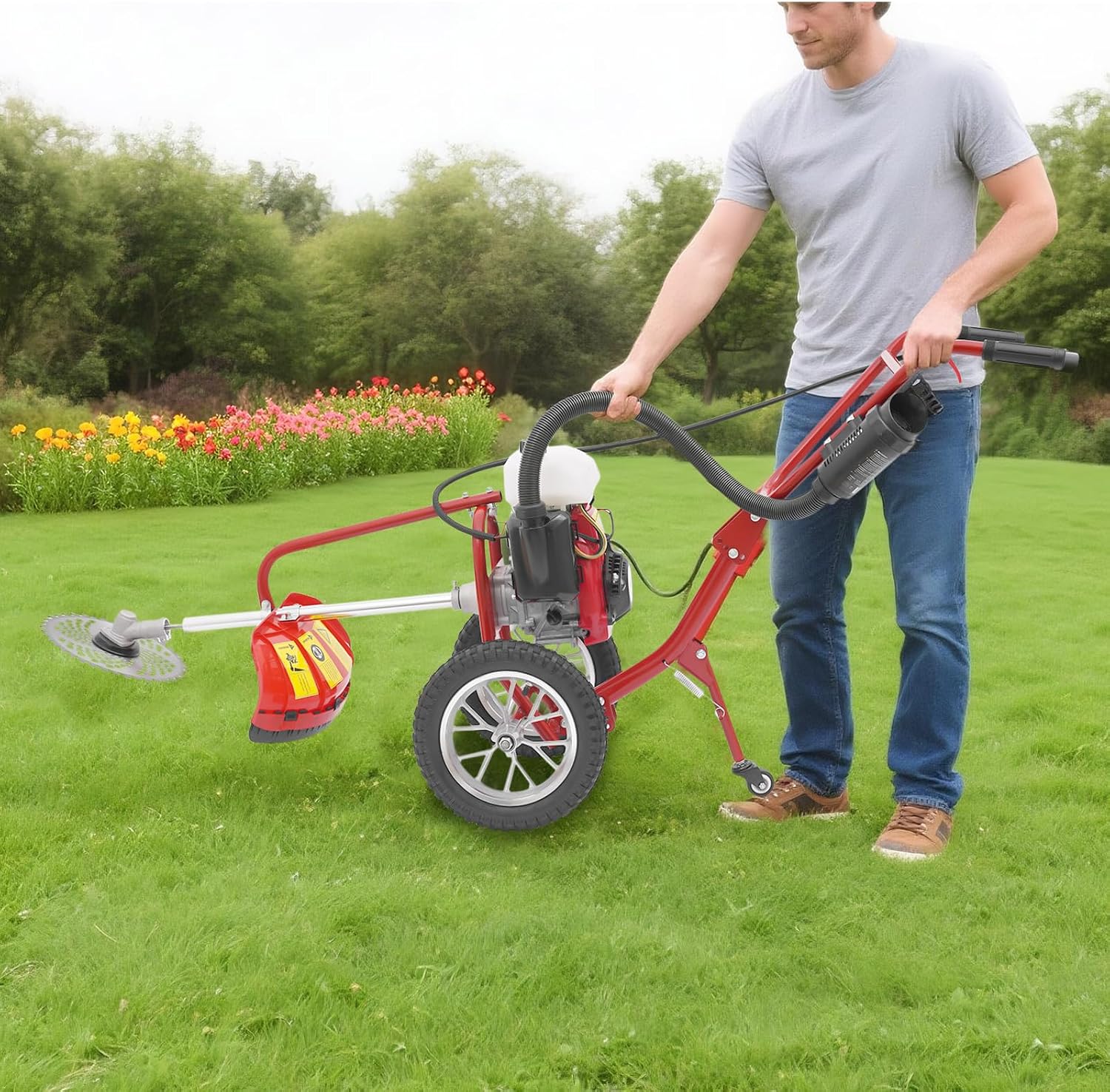 63CC Gas Powered Tiller Cultivator, 4-Stroke Hand Push Micro Cultivator Lawn Mower, 3-in-1 Mowing Tilling Trenching Machine for Farms Parks Lawns Gardens Courtyards (63CC 4-Stroke)