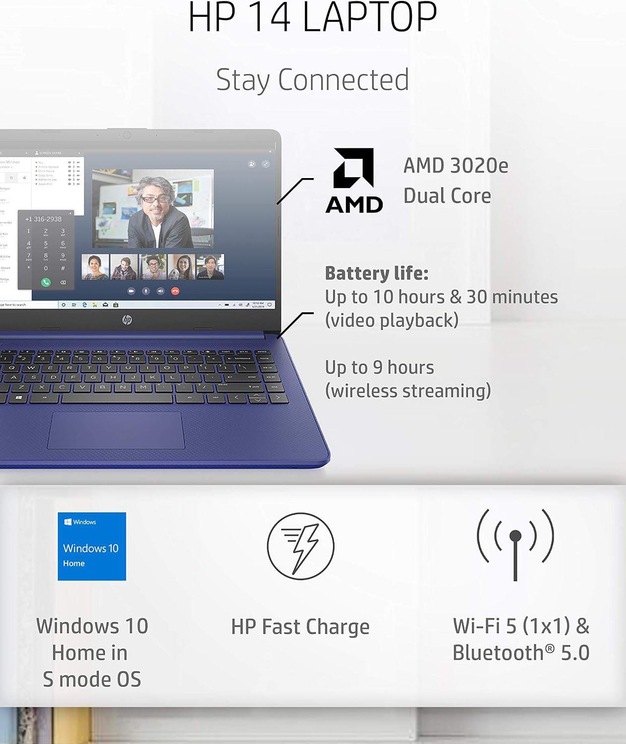 HP 14 Laptop, AMD 3020e, 4 GB RAM, 64 GB eMMC Storage, 14-inch HD Touchscreen, Windows 10 Home in S Mode, Long Battery Life, Microsoft 365, (14-fq0040nr, 2020)