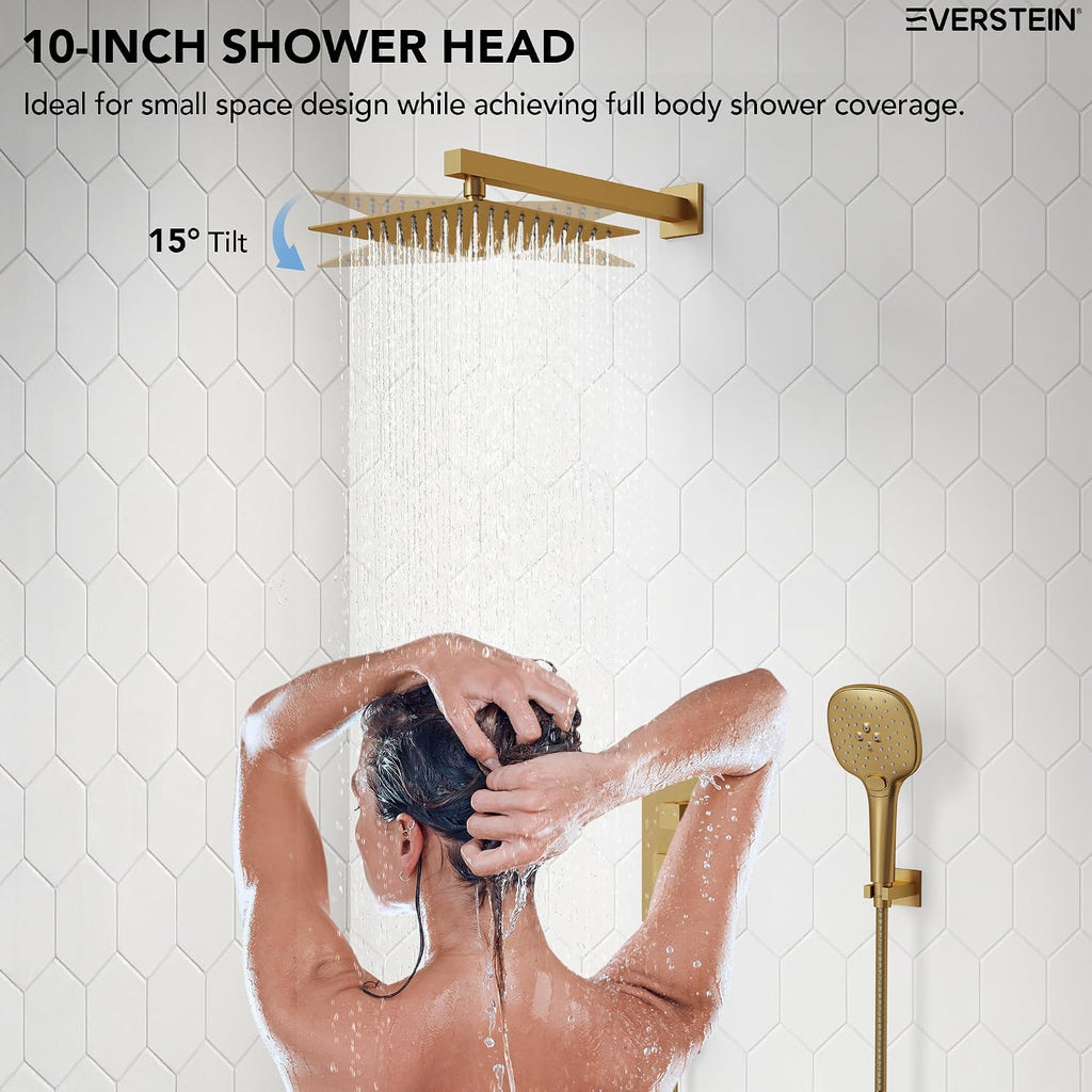 Square Rain Shower System Faucet Set, 10 Inch Rainfall Shower Head with Handheld, Wall Mount Faucet Set with Valve, Brushed Gold