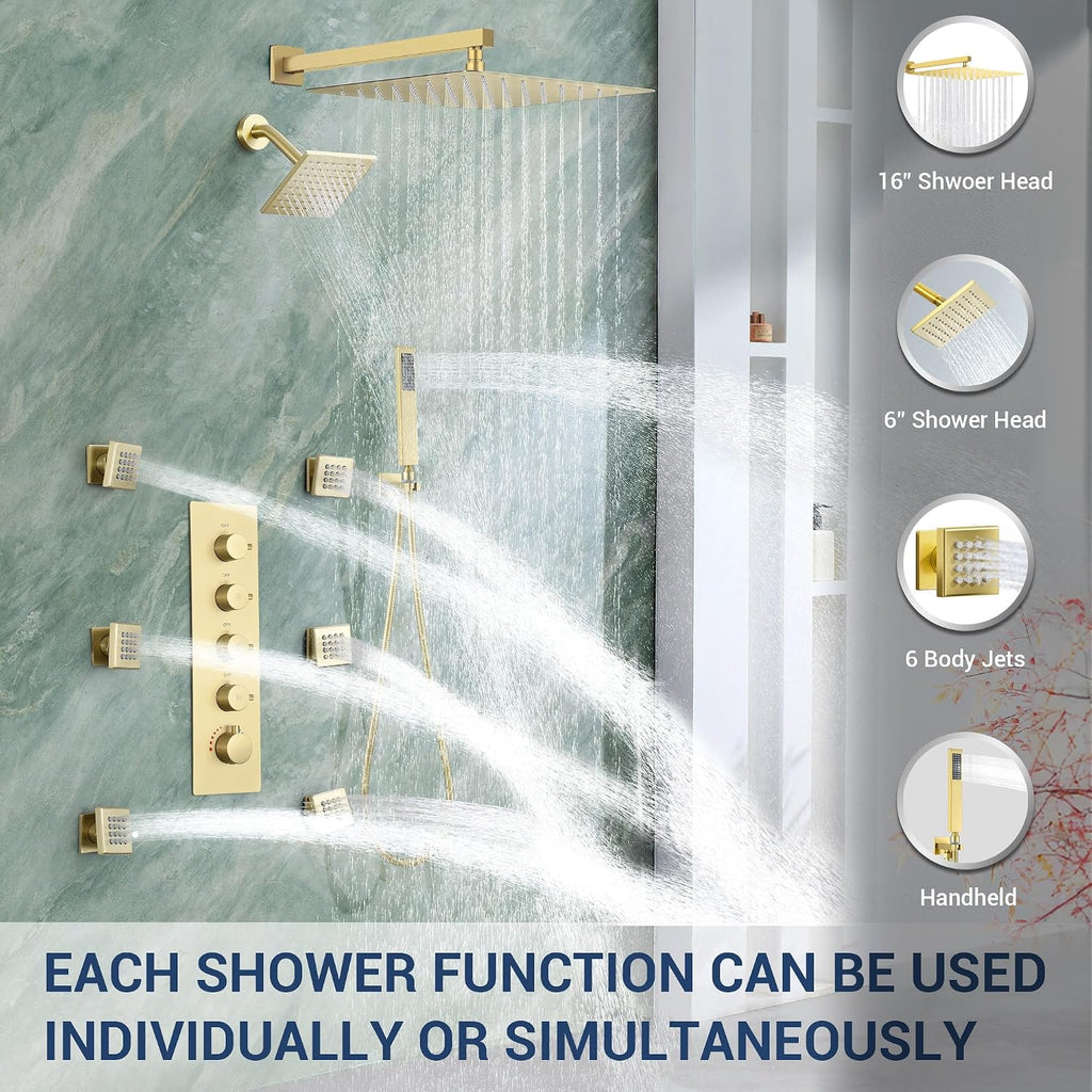 Dasan Thermostatic Dual Shower System with 6 Body Jets, 6-Inch Shower & 16' Rainfall Shower, Luxury Brushed Gold Shower Faucet Set Rain Shower System for Couples/ 2-Person