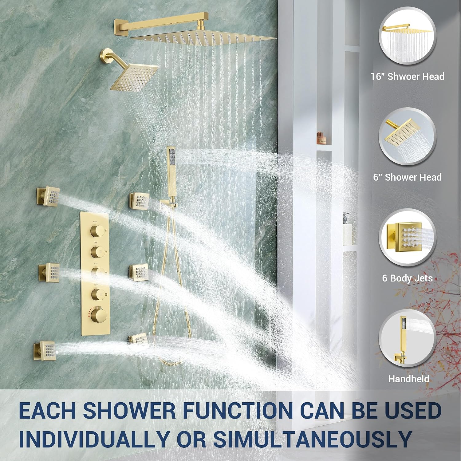 Dasan Thermostatic Dual Shower System with 6 Body Jets, 6-Inch Shower & 16' Rainfall Shower, Luxury Brushed Gold Shower Faucet Set Rain Shower System for Couples/ 2-Person