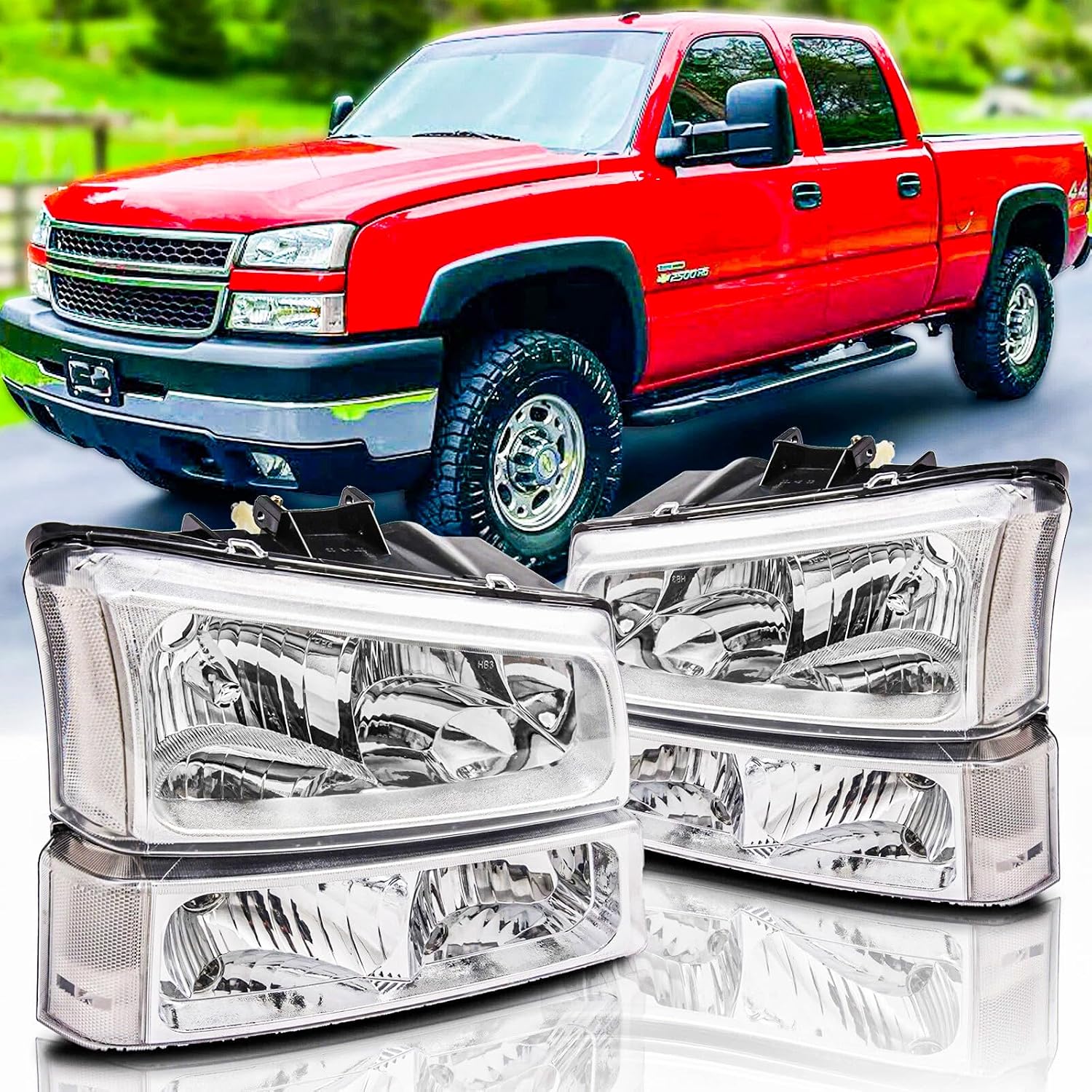 Headlights and Taillights Assembly Combo Kits for 2003-2006 Chevy Silverado 1500 2500 3500 & 2007 Chevy Silverado Classic Head Lamps/Red Rear Tail Brake Signal Lights Replacement (LH RH),Chrome Clear