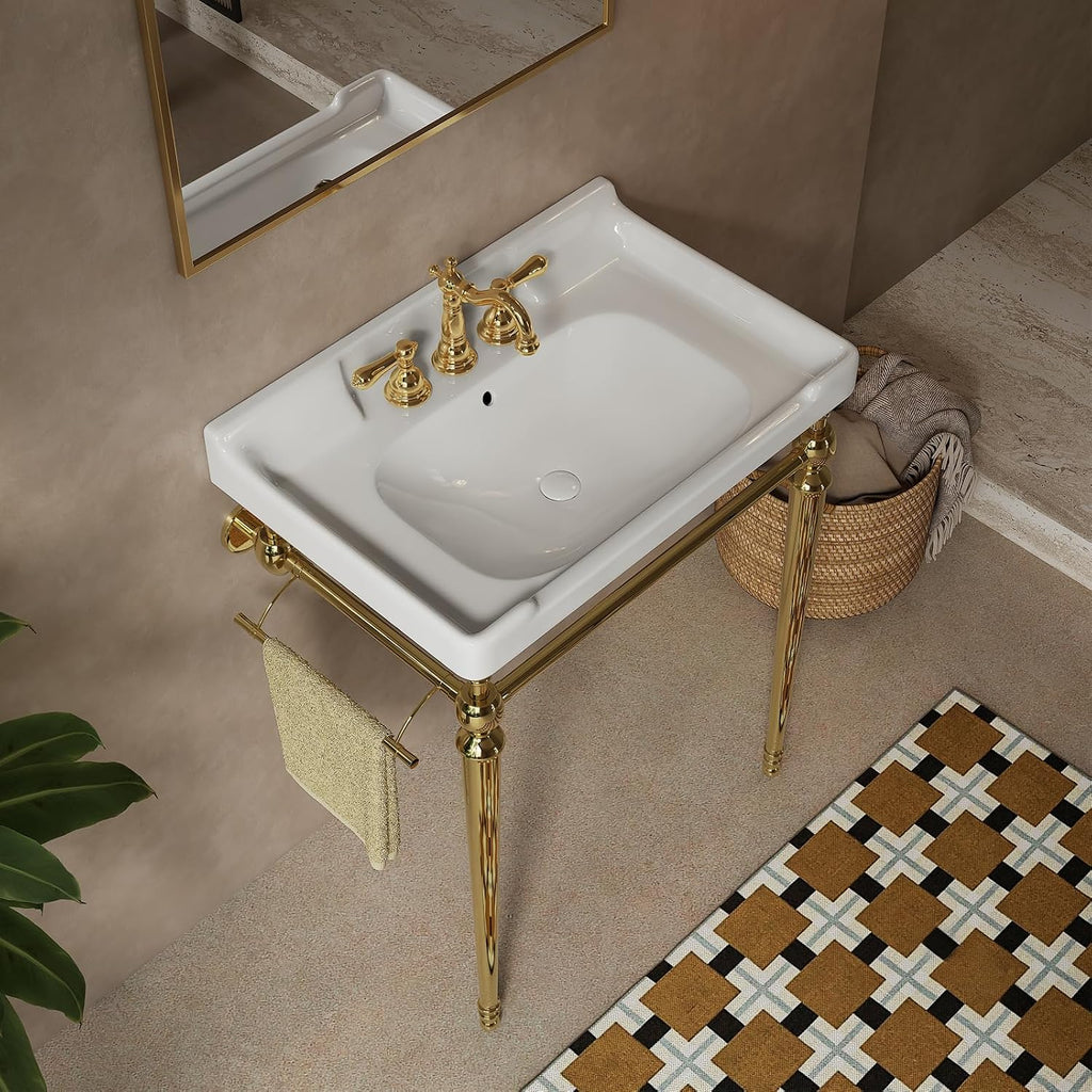 28'' Console Bathroom Sink, Freestanding Console Sink With Stainless Brushed Gold Legs, Modern Bathroom Vanity with 3 Tap Holes, White Ceramic Basin