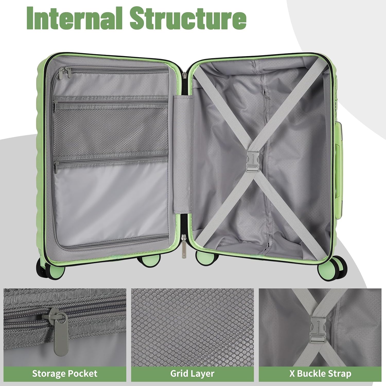 WireHot Lightweight Luggage with Spinner Wheels & YKK Zipper, 3-Piece Travel Suitcase ABS+PC Hardshell Luggage Set with TSA Lock, Light Avocado Green (20+24+28 inch)