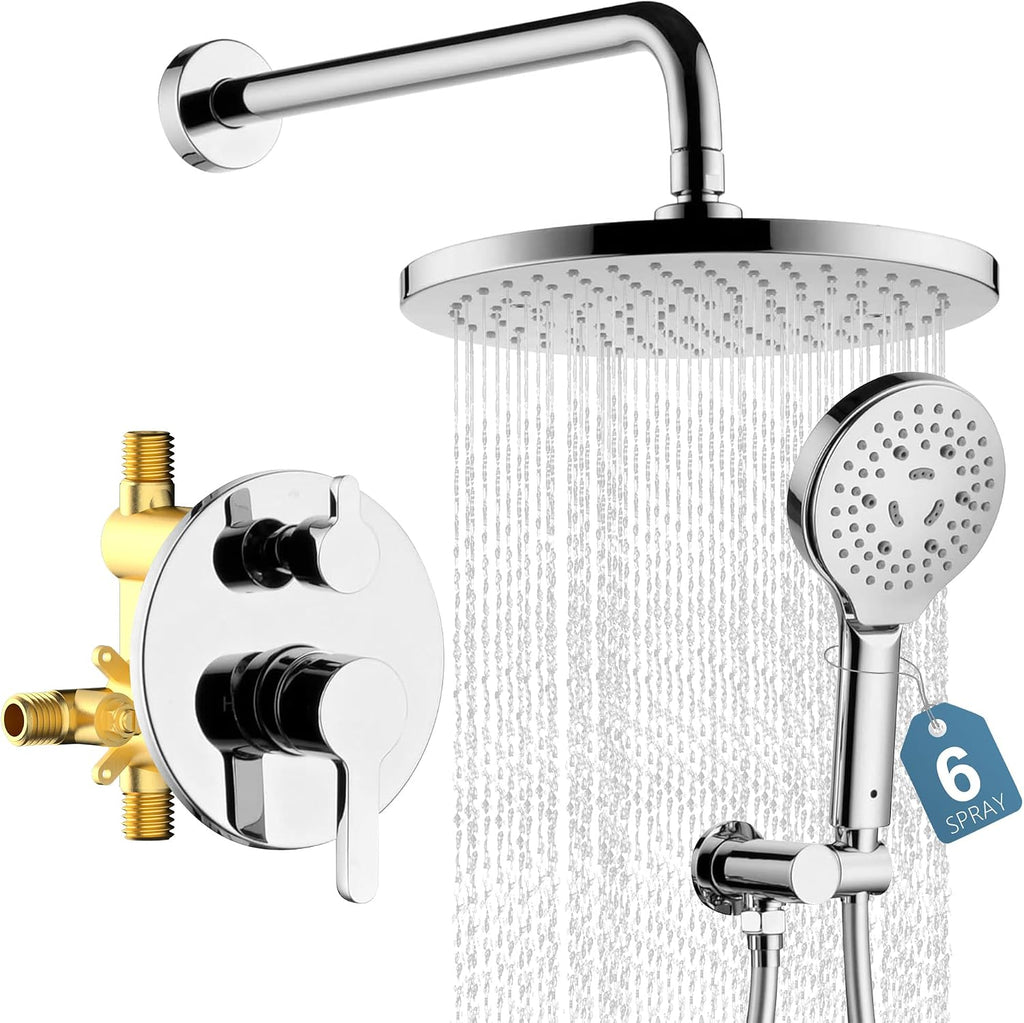 Bathroom Shower Faucet Set Wall Mounted Rainfall Shower System 10 Inches High Pressure Shower Head and Multifunctional Shower Handheld, Included Rough-in Valve and Trim Kit Polished Chrome
