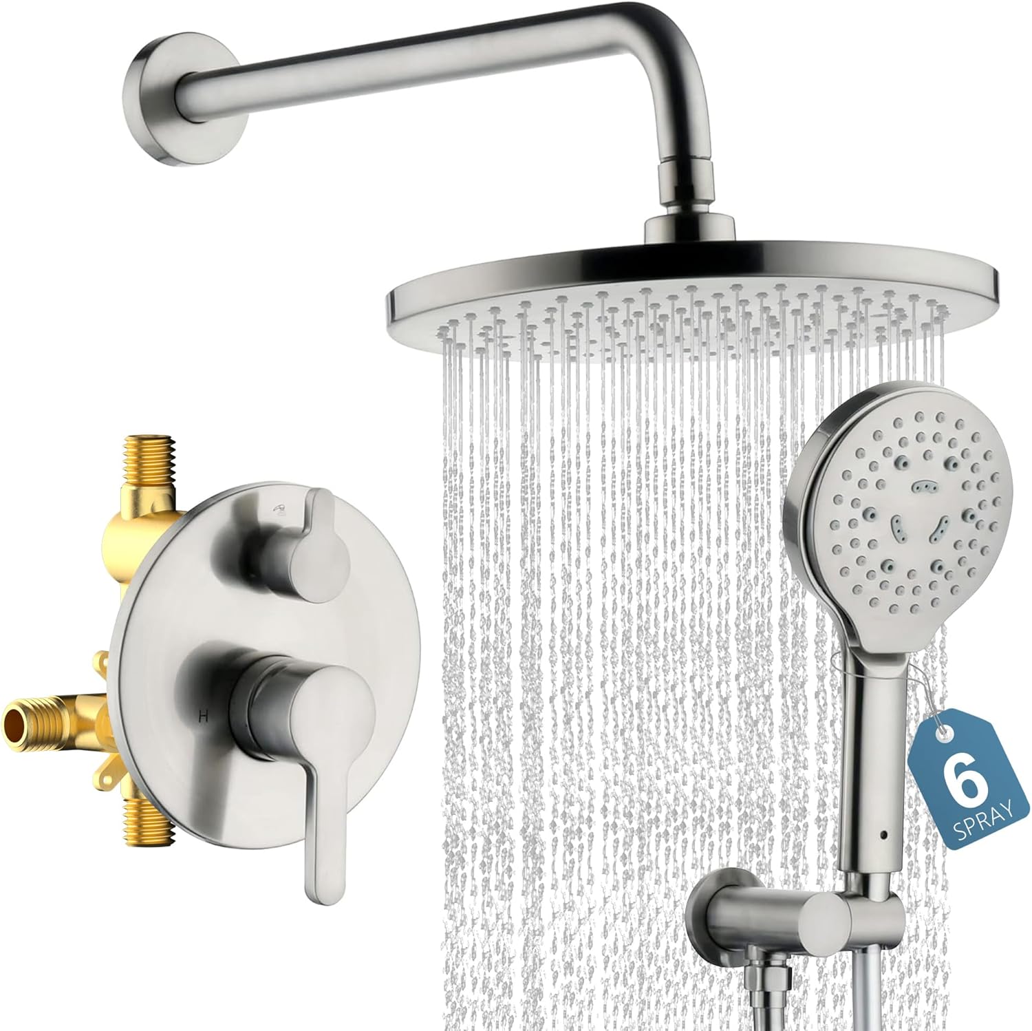 Brushed Nickel Shower Faucet Set with Valve 10 Inches Rainfall Shower Head Combo Set, Wall Mount Shower Fixtures Shower Head System with 6 Function Handheld