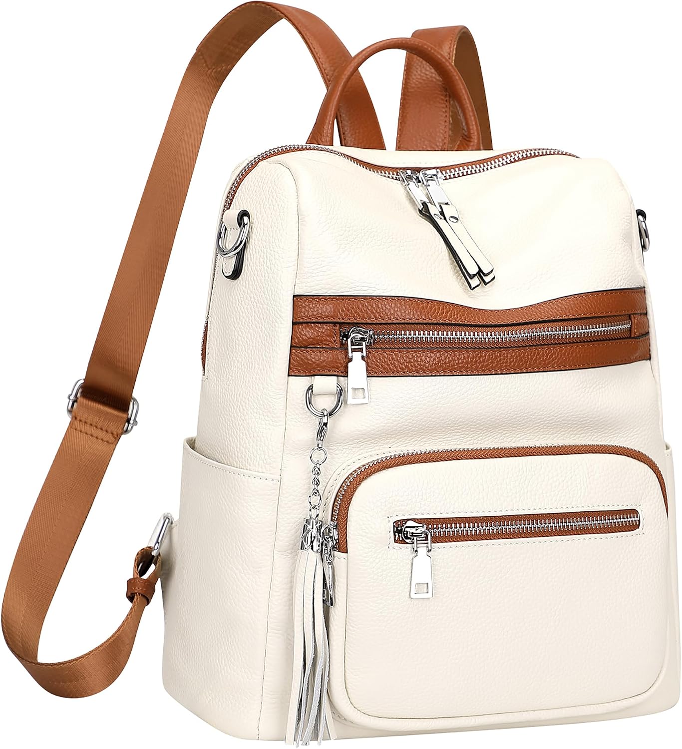 ALTOSY Genuine Leather Backpack Purse for Women Large Shoulder Bag With Laptop Compartment Multiple Pockets (S106 Beige/Brown)