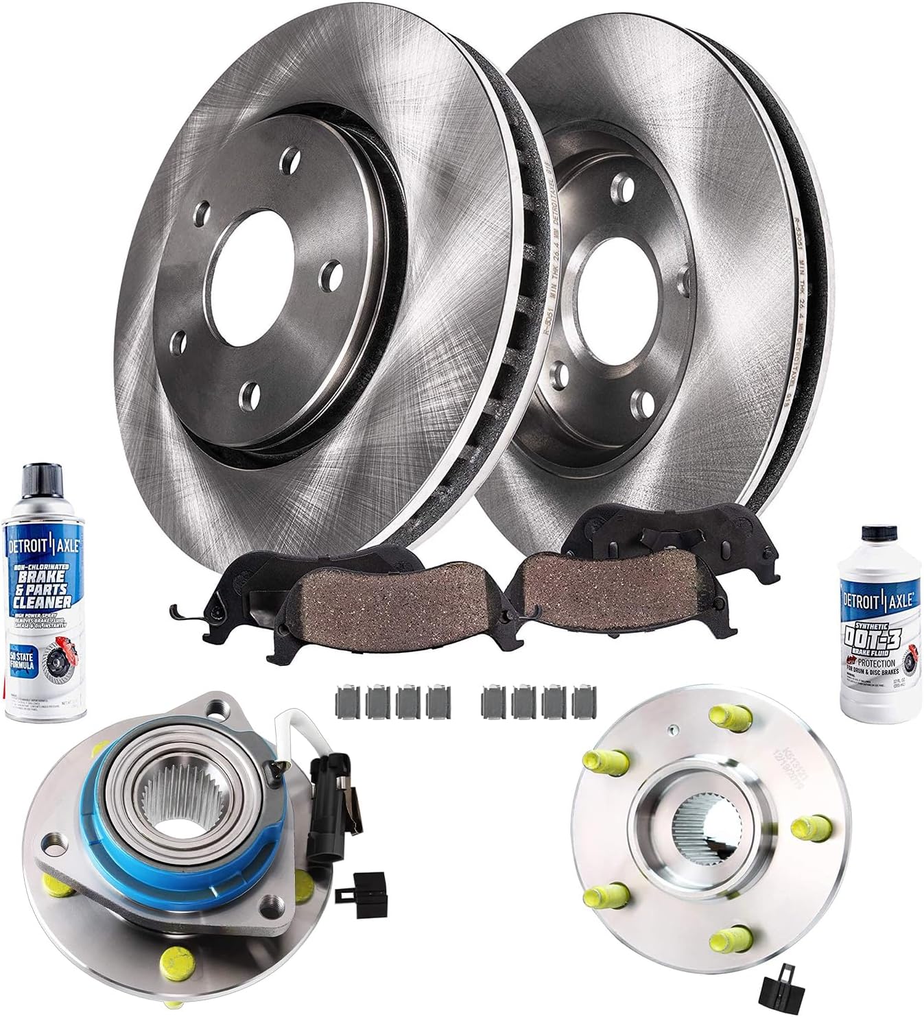 Detroit Axle - 8PC Front Wheel Bearing Hub, Brake Rotor, Ceramic Pad Kit Cleaner & Fluid Kit for 02-06 Buick Rendezvous 02-04 Chevrolet Venture Olds Silhouette Pontiac Montana 01-05 Aztek