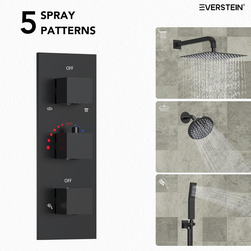 Thermostatic Shower system, 12 & 6 in. Bathroom Shower Set Wall Mount Dual Shower Head Faucet in Matte Black