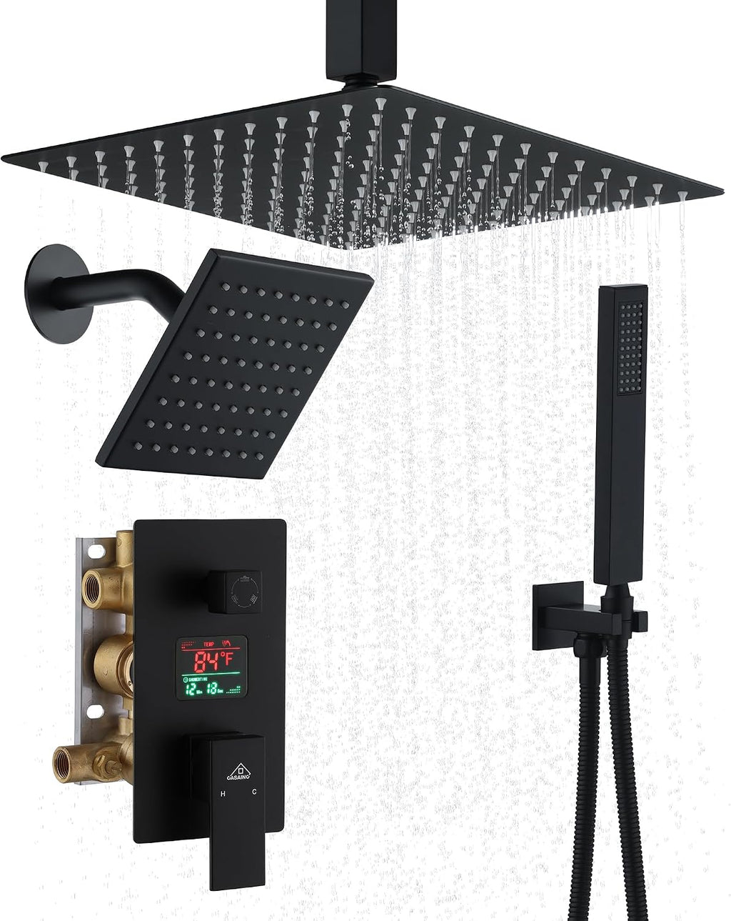 CASAINC Ceiling Mounted Shower System 12 Inch Rain Shower Head with Handheld Spray & 6 Inch Shower Head, Multifunctional Shower Faucet Set with Water Temperature Display (Matte Black)