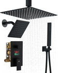 CASAINC Ceiling Mounted Shower System 12 Inch Rain Shower Head with Handheld Spray & 6 Inch Shower Head, Multifunctional Shower Faucet Set with Water Temperature Display (Matte Black)