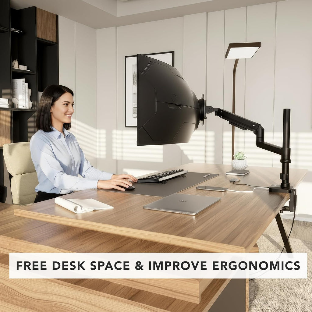 Mount-It! Proflex Series Height-Adjustable Ultrawide Monitor Arm with Pole, Fits 17–49' Screens, Gas Spring, 44 lbs Capacity, USB-C & USB 3.0 Ports, Full Motion, VESA 75/100, Clamp or Grommet