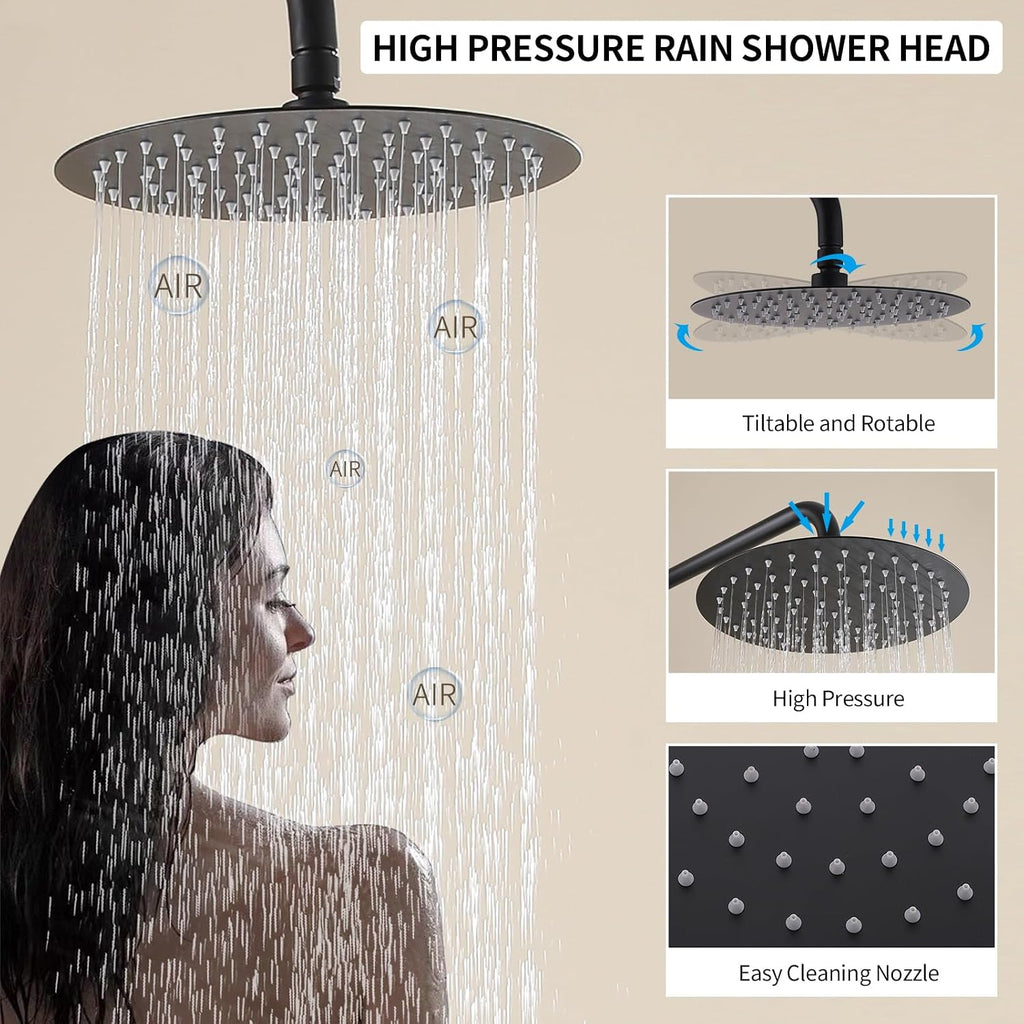 Exposed Shower Syem with Handheld, 3 Functions Bathtub Shower Faucet Sets with Brass Valve, Shower Fixture with 10-Inch Rainfall Shower Head, Height Adjustable Shower Set Matte Black