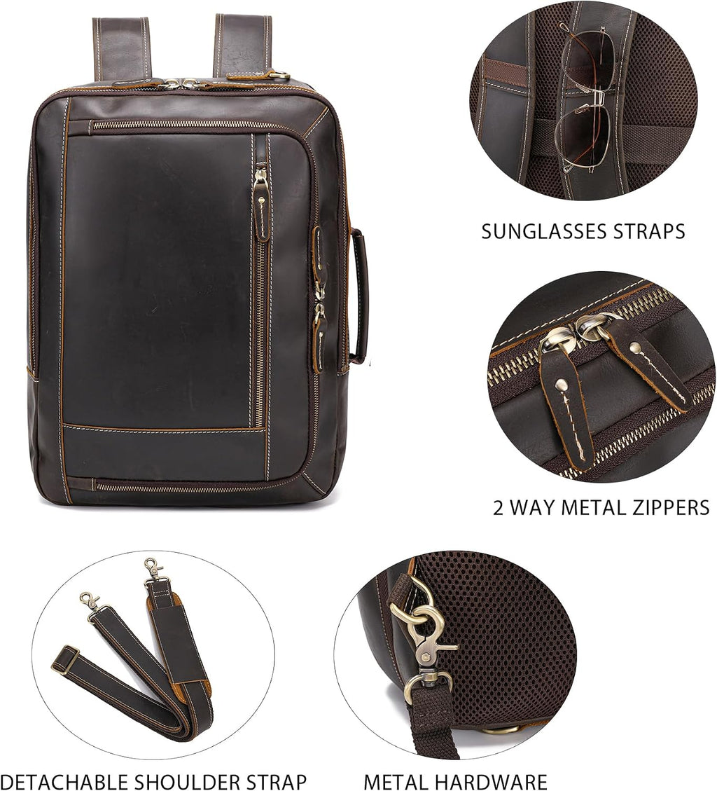 LANNSYNE Vintage Genuine Leather Backpack For Men, 2 in 1 Expandable Briefcase Fits 17'' Laptop Crossbody shoulder Bag Business/Travel Rucksack
