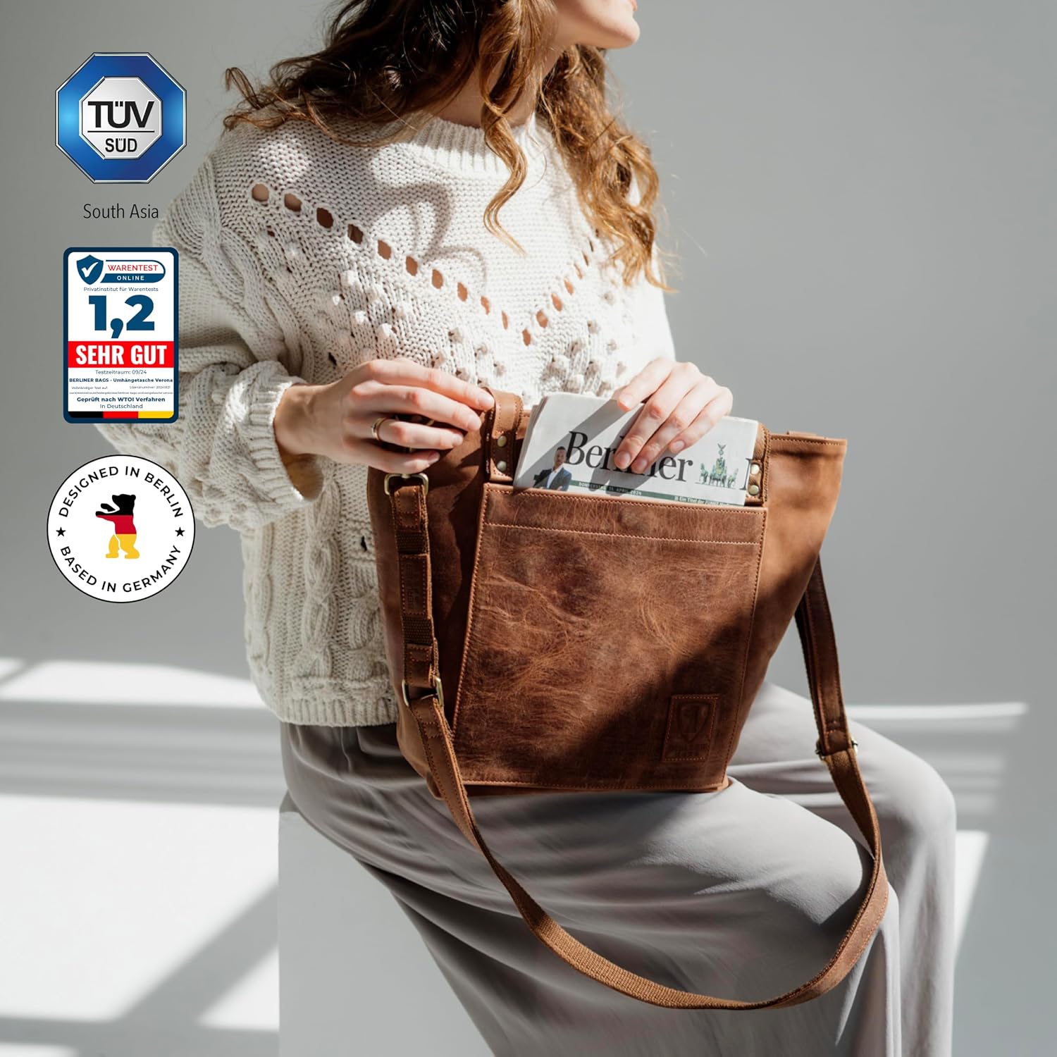 BERLINER BAGS Vintage Genuine Leather Tote Bag Verona, Handbag, Large Shopper, Work Bag for Women