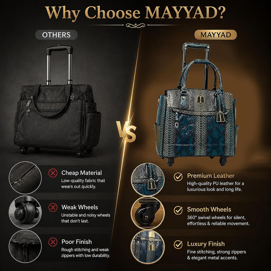 Rolling Laptop Bag for Women with Wheels & Handle Luxury Pure Leather Embossed Work Bag with Laptop Sleeve Travel Briefcase