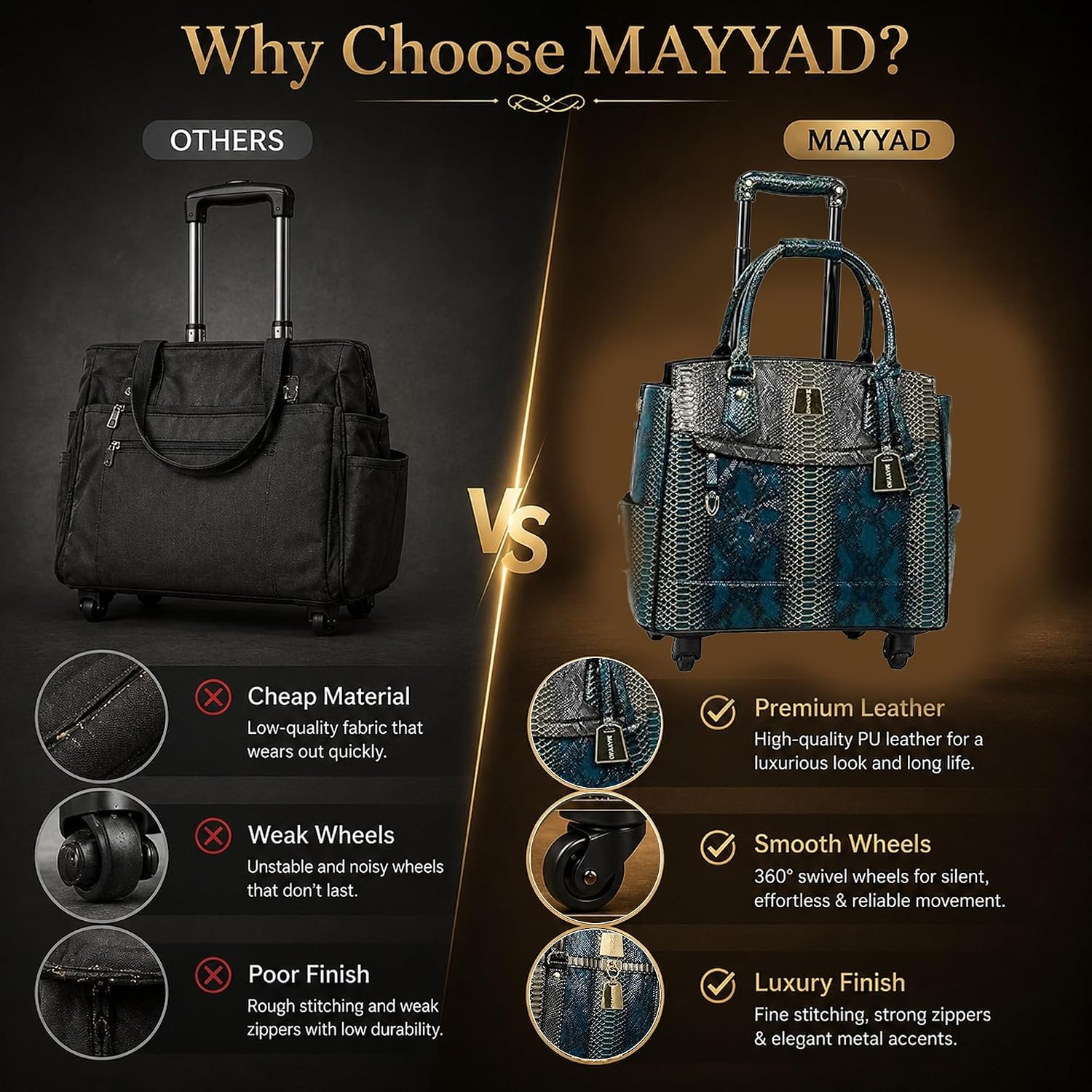Rolling Laptop Bag for Women with Wheels & Handle Luxury Pure Leather Embossed Work Bag with Laptop Sleeve Travel Briefcase