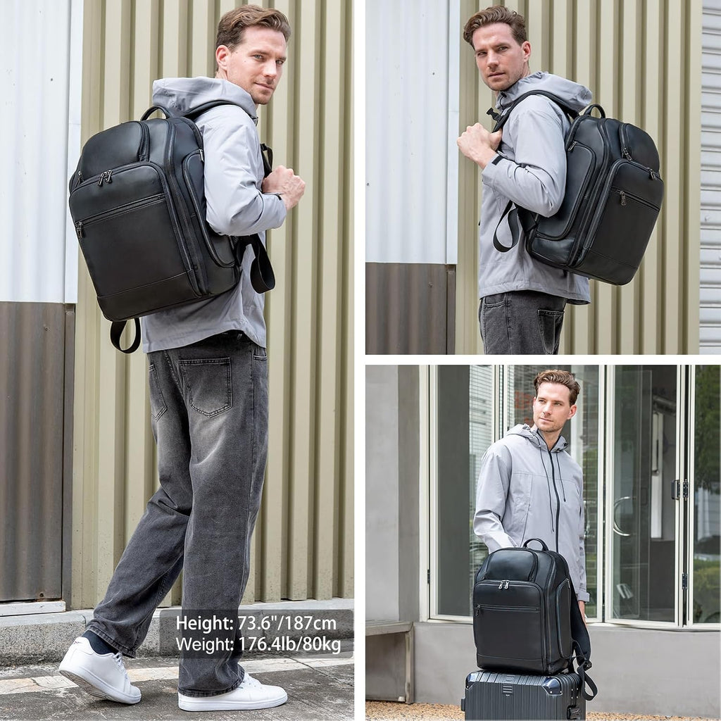 TIDING Genuine Leather Backpack for Men, 17.3 Inch Laptop Bag TSA Friendly Travel Rucksack Hiking Camping Daypack