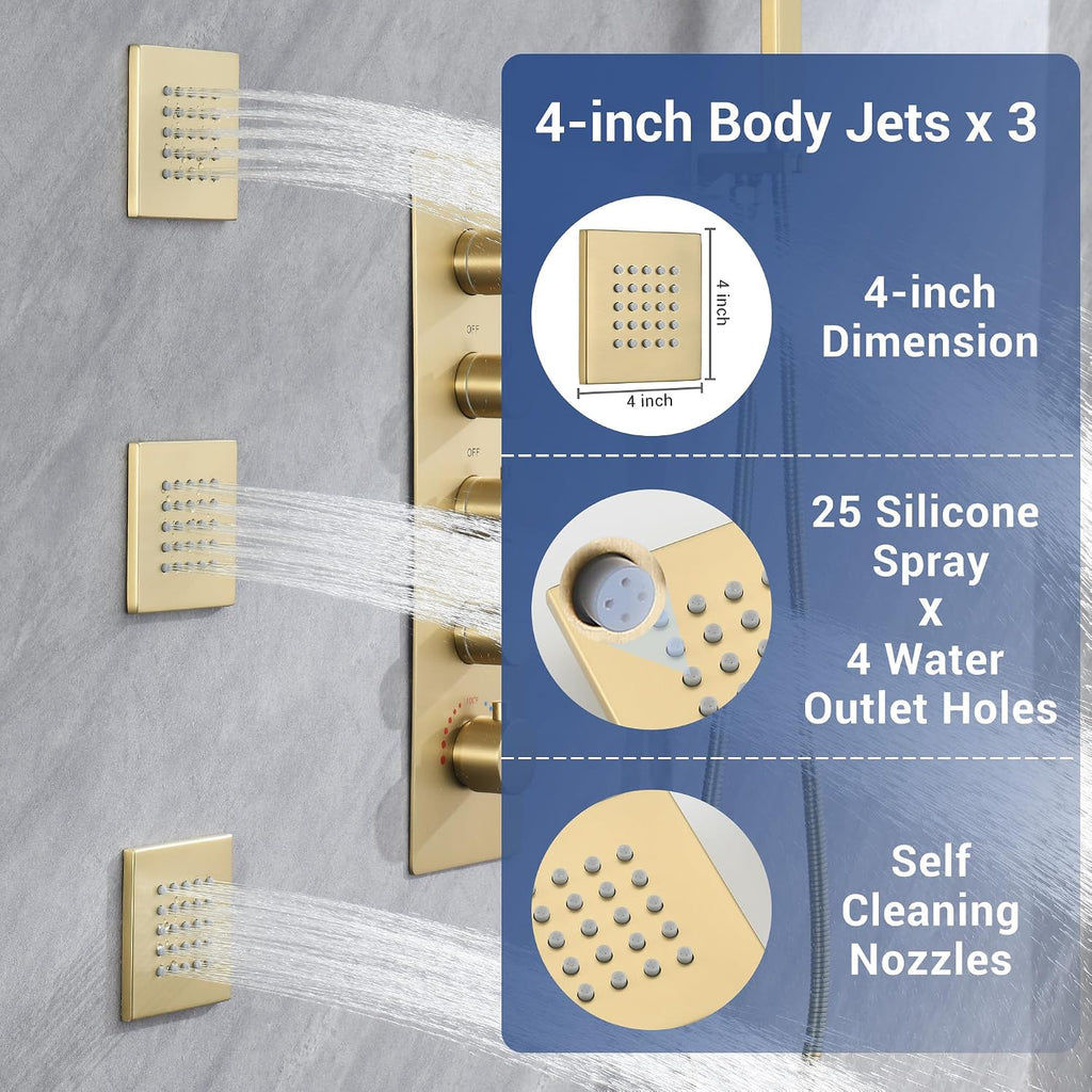 Thermostatic Dual Shower System with 4-Inch Body Jets, Ceiling 16' Rainfall Shower & Wall Mount 6-Inch Shower Head, Brushed Gold Luxury Shower Faucet Set with Handheld Sprayer