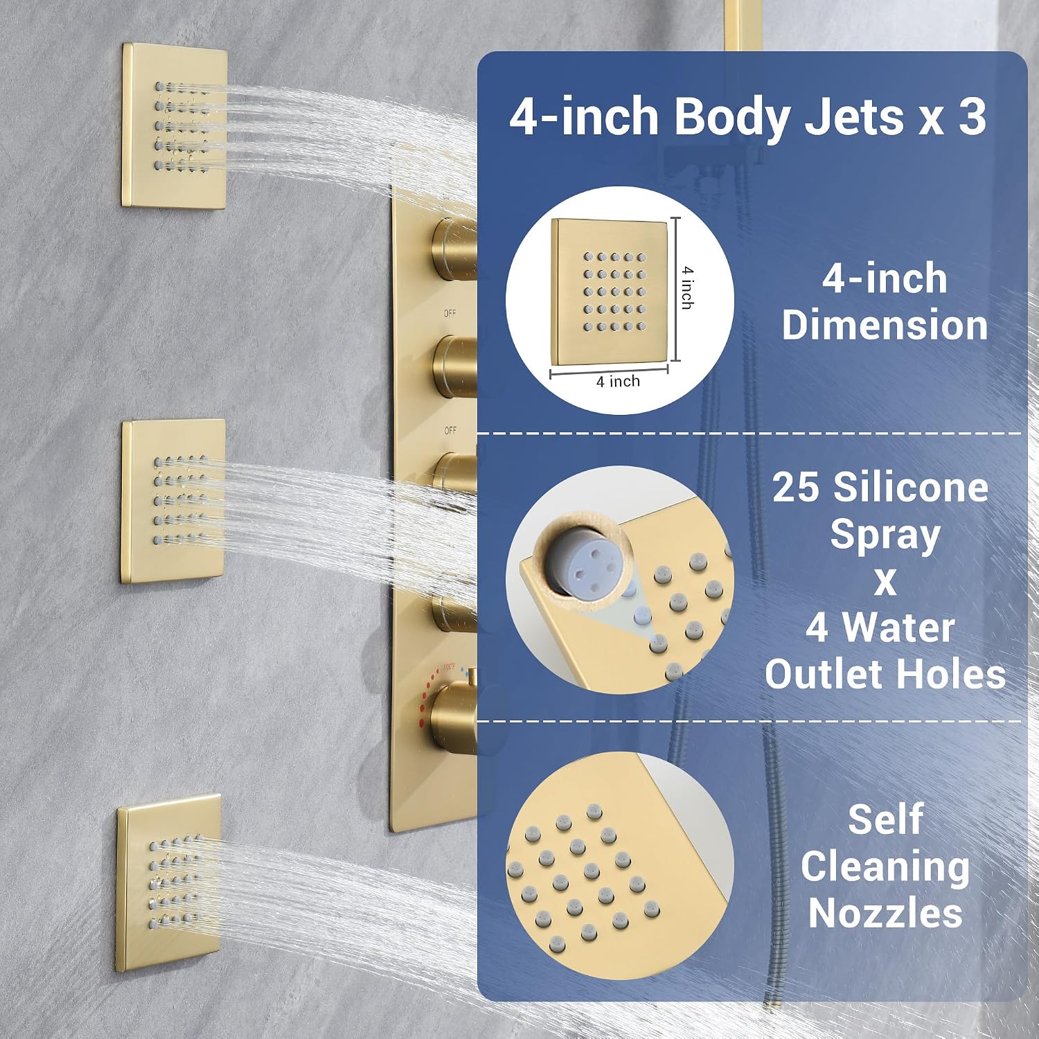 Thermostatic Dual Shower System with 4-Inch Body Jets, Ceiling 16' Rainfall Shower & Wall Mount 6-Inch Shower Head, Brushed Gold Luxury Shower Faucet Set with Handheld Sprayer