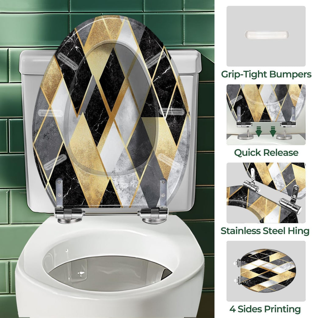 Elongated Toilet Seat seamless geometric pattern gold lines silver glitter black watercolor Art Resin Toilet Seat Easy to Install Quietly Close Quick Release Hinges Decorative Toilet Seat with Cover