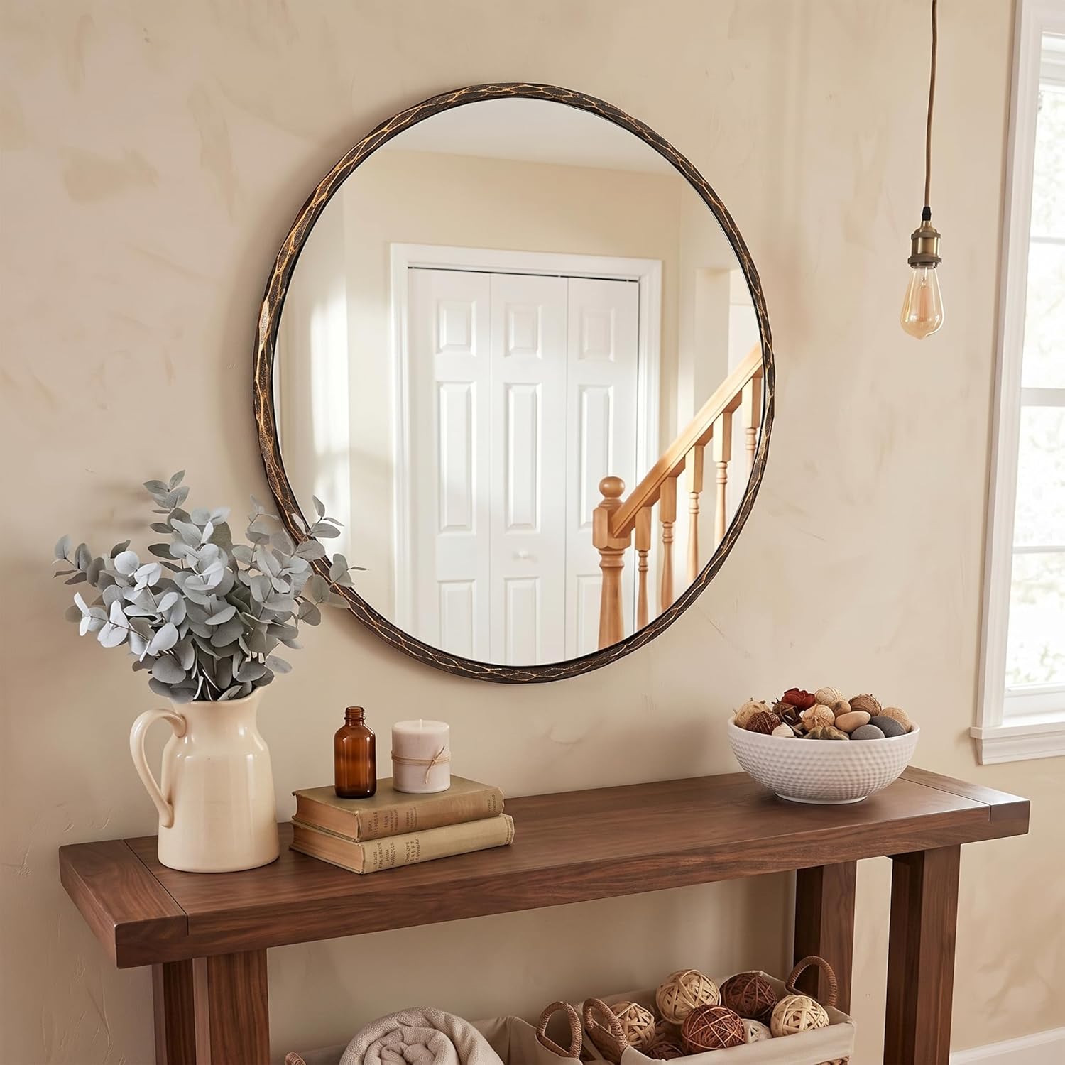 ANDY STAR Hand-Forged Round Bathroom Mirror, 28 Inch Antique Oil Rubbed Bronze Hammered Circular Mirror, for Wall Decor, Entryway, Bedroom, Fireplace, Solid Steel Frame