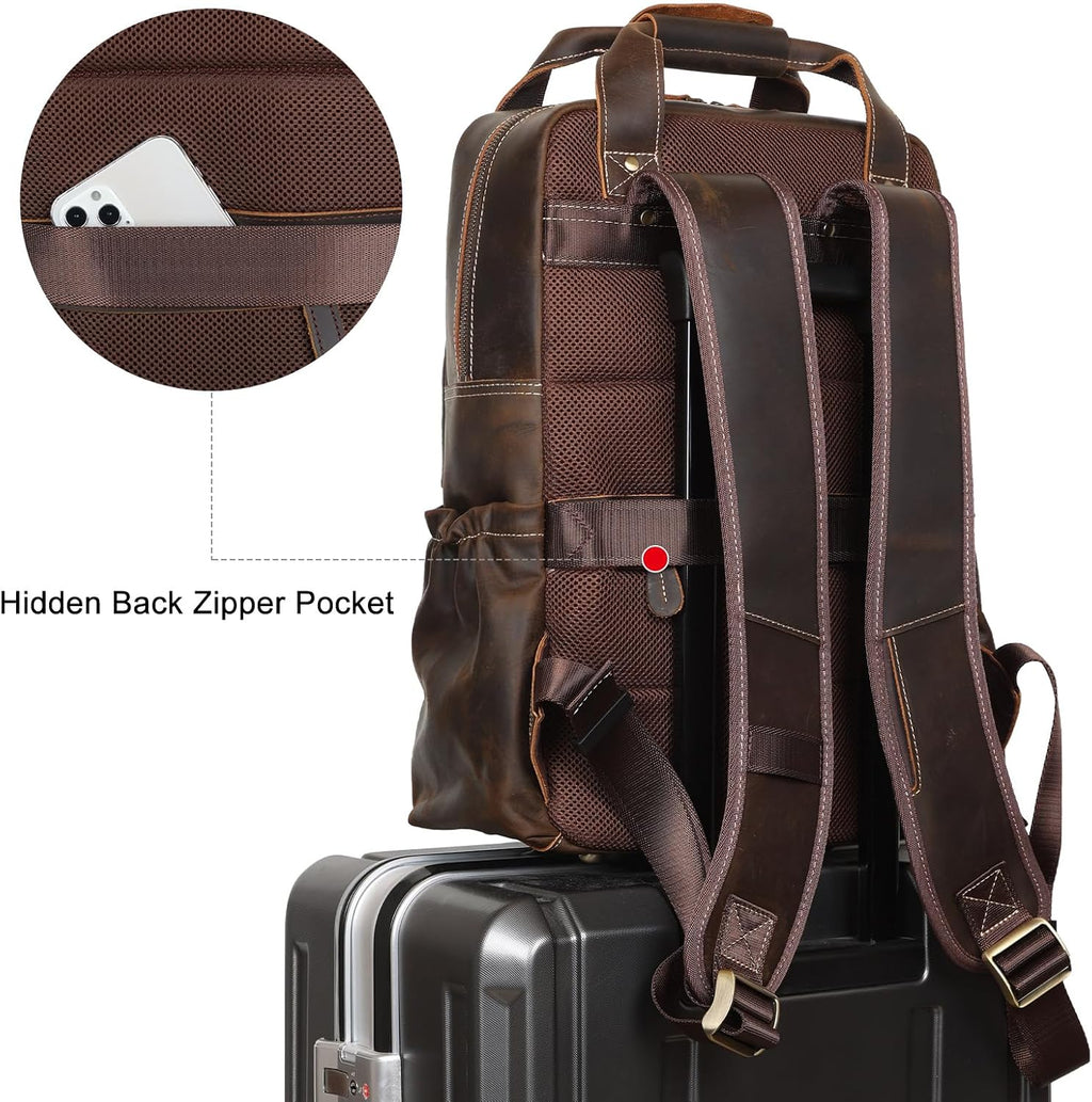 TIDING Vintage Full Grain Leather 17 Inch Laptop Backpack for Men Large Business Travel Daypack Computer Rucksack, Brown