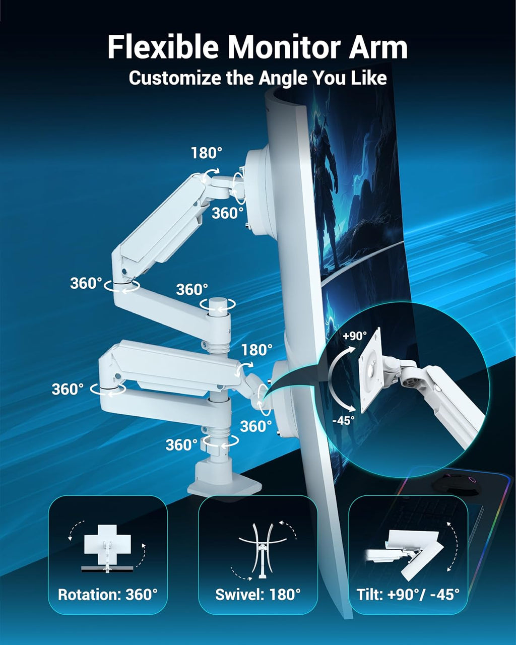 Ergounion Dual Monitor Arm for 13-49 Inch Ultrawide Screens, Heavy Duty Monitor Mount for 2 Monitors up to 44lbs, Full Motion Vertical Stacked Dual Monitor Arm Desk Mount, 75/100mm VESA Mount, White