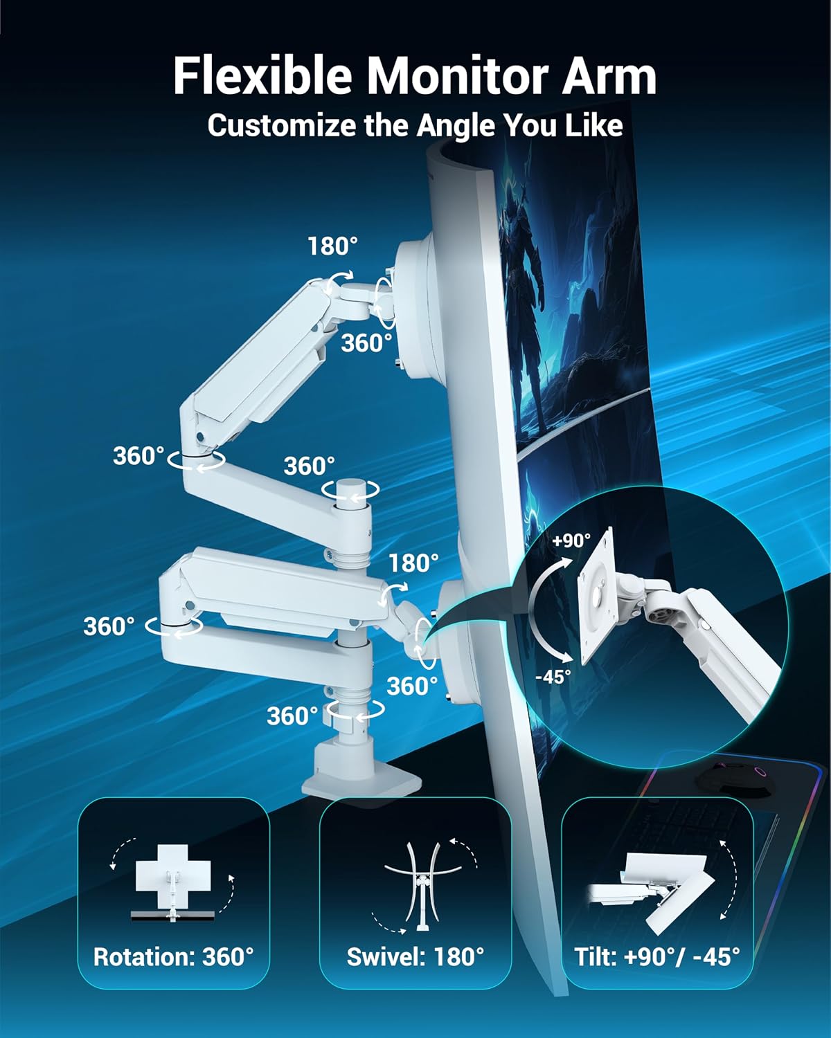 Ergounion Dual Monitor Arm for 13-49 Inch Ultrawide Screens, Heavy Duty Monitor Mount for 2 Monitors up to 44lbs, Full Motion Vertical Stacked Dual Monitor Arm Desk Mount, 75/100mm VESA Mount, White