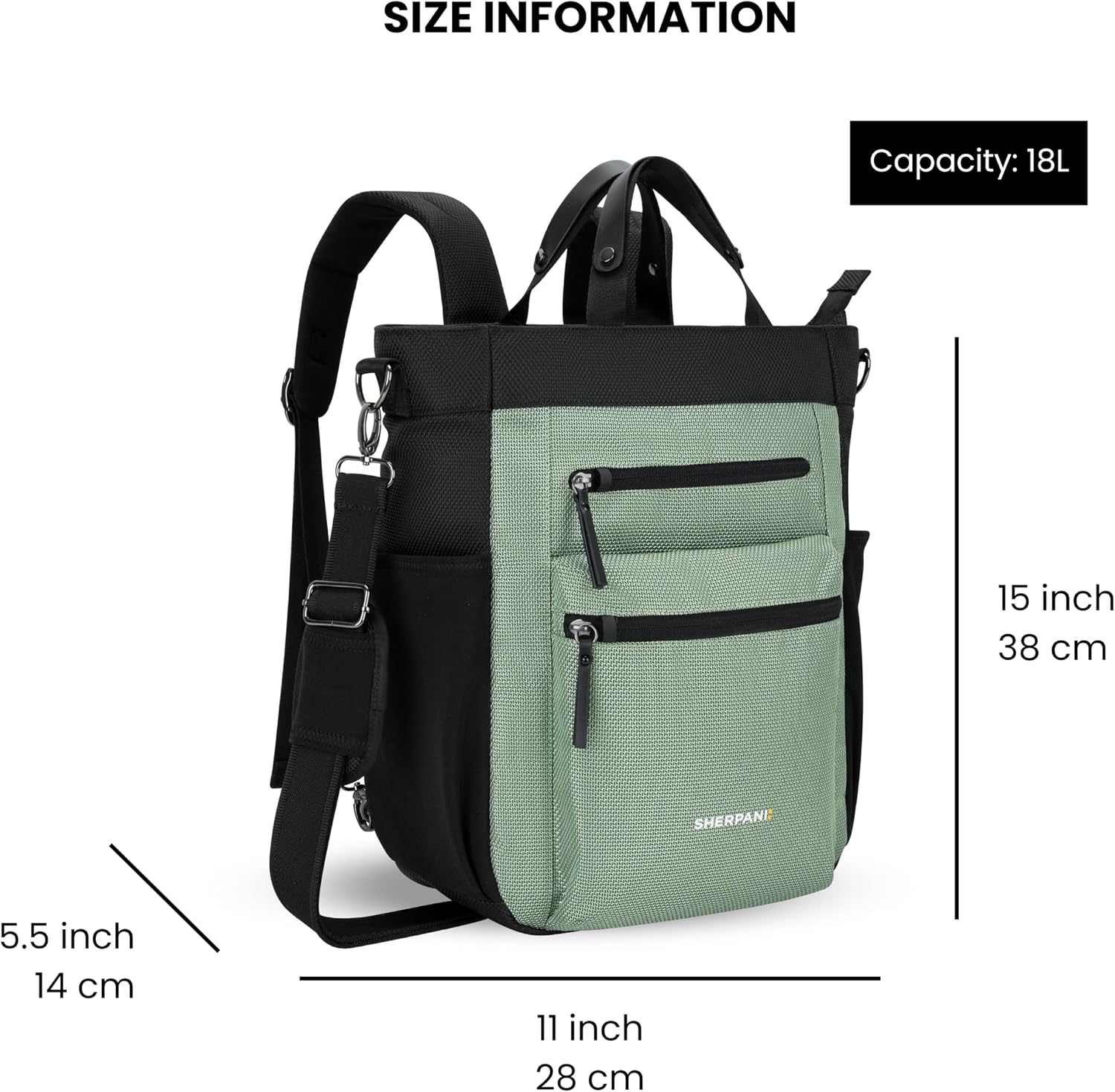 Sherpani Soleil, Anti Theft Convertible Backpack, 3 in 1 Tote, Crossbody Purse, 18L Travel Bag, RFID Protection, Fits 13' Laptop (Aloe Mist)