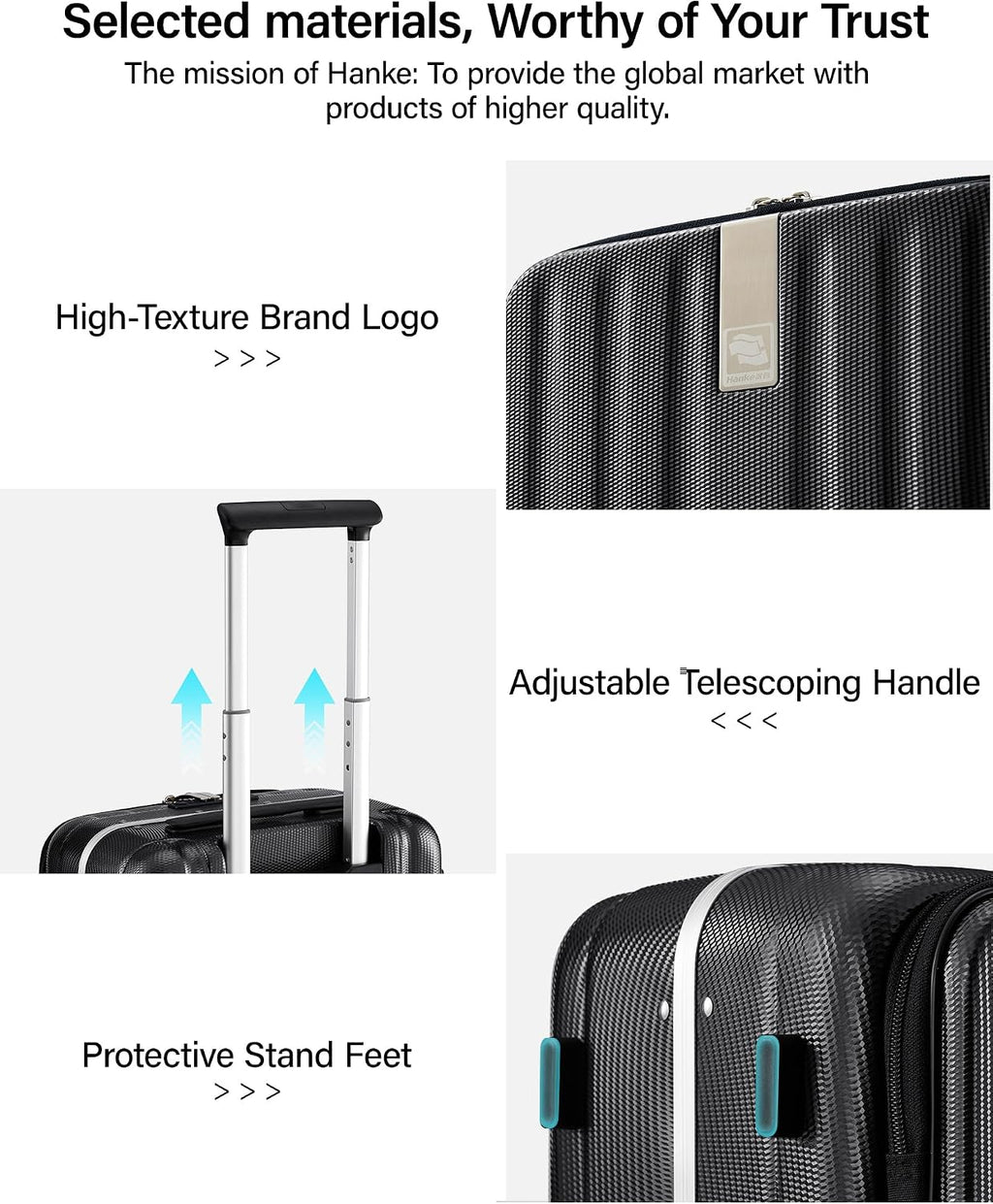 Hanke 16 inch Underseat Carry On Suitcases with Wheels,Lightweight Hard Shell Carry on Luggage with Wheels for Weekender,Top Opening Small Suitcase,Travel Luggage for Womem Men,Jet Black.