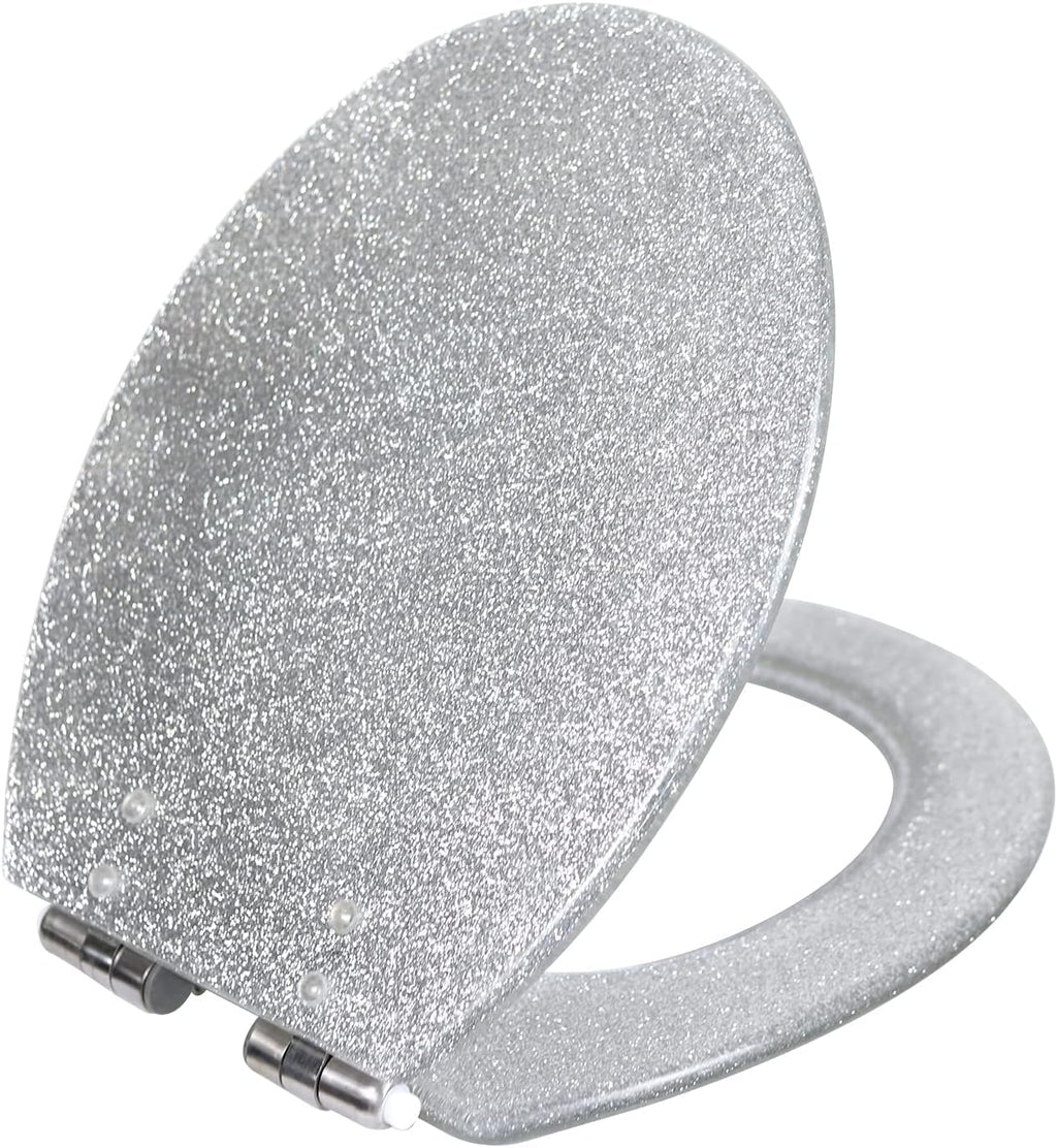 Glitter Toilet Seat ONE Button Release Soft Close Top/Bottom Fix, Quick Release Toilet Seat Oval, 36×42Cm,Gold(Silver)