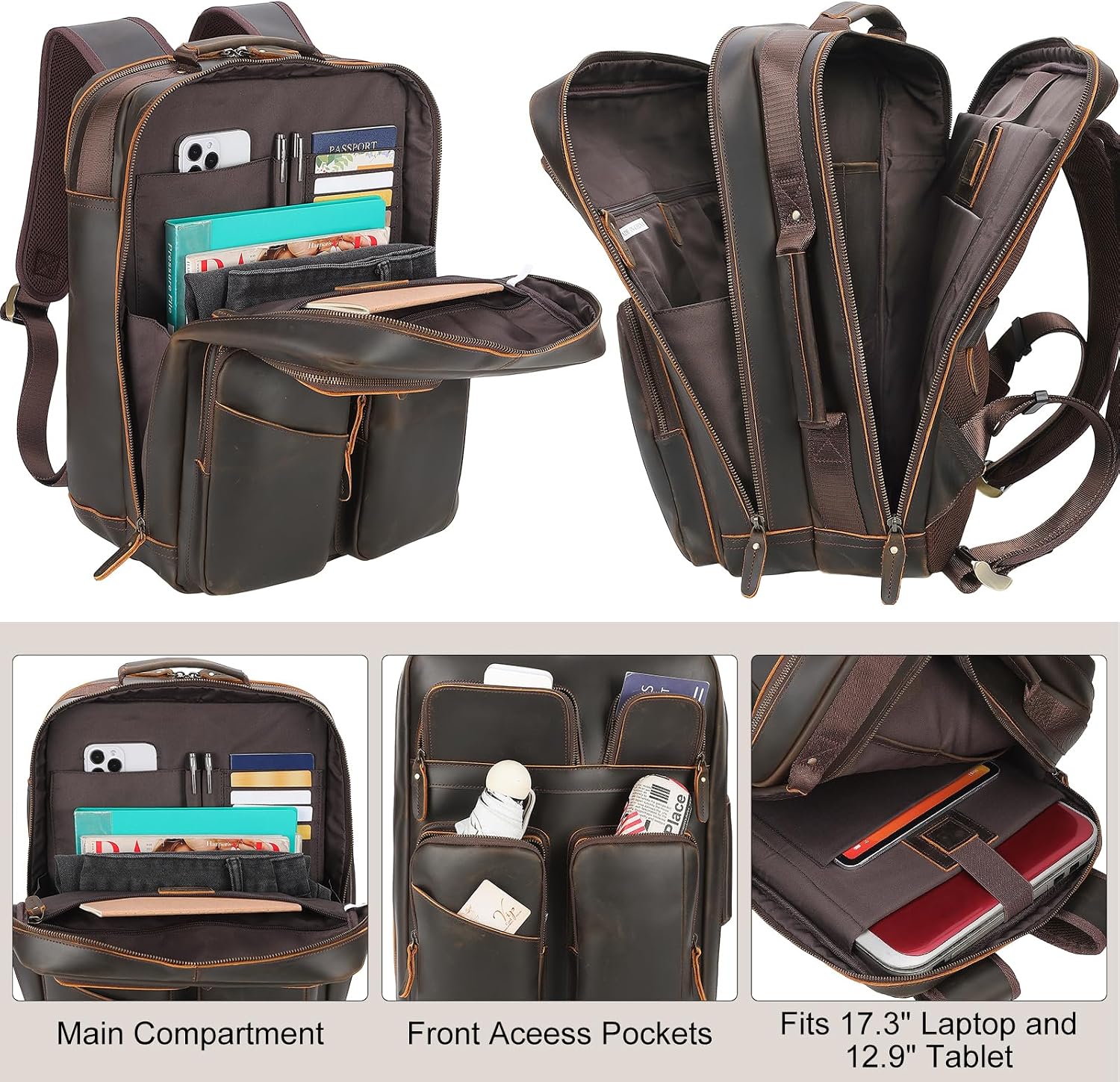 TIDING 17.3' Full Grain Leather Laptop Backpack for Men Multi Pockets Casual Daypack Business Travel Rucksack