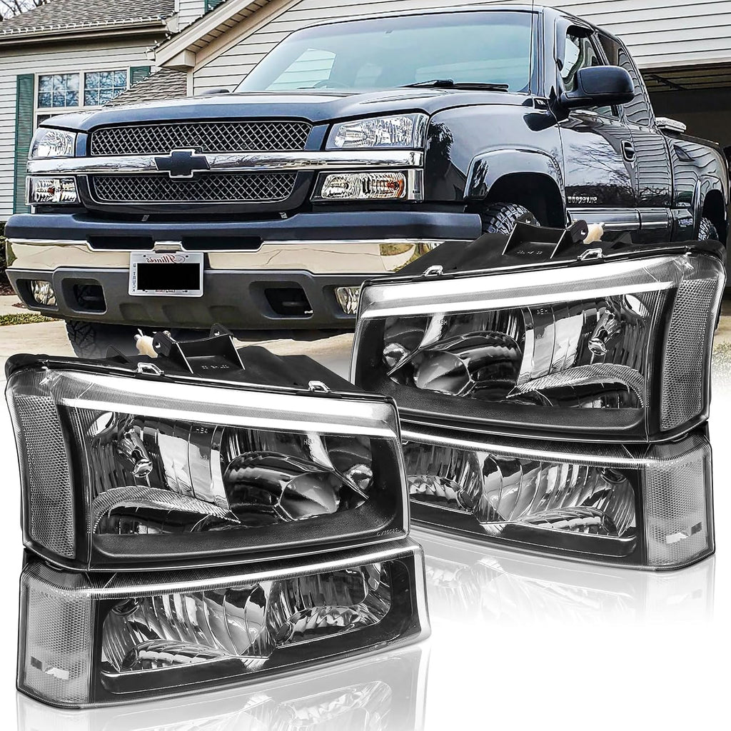Headlights and Taillights Assembly Combo Kits for 2003-2006 Chevy Silverado 1500 2500 3500 & 2007 Chevy Silverado Classic Head Lamps/Red Rear Tail Brake Signal Lights Replacement (LH RH),Black Clear