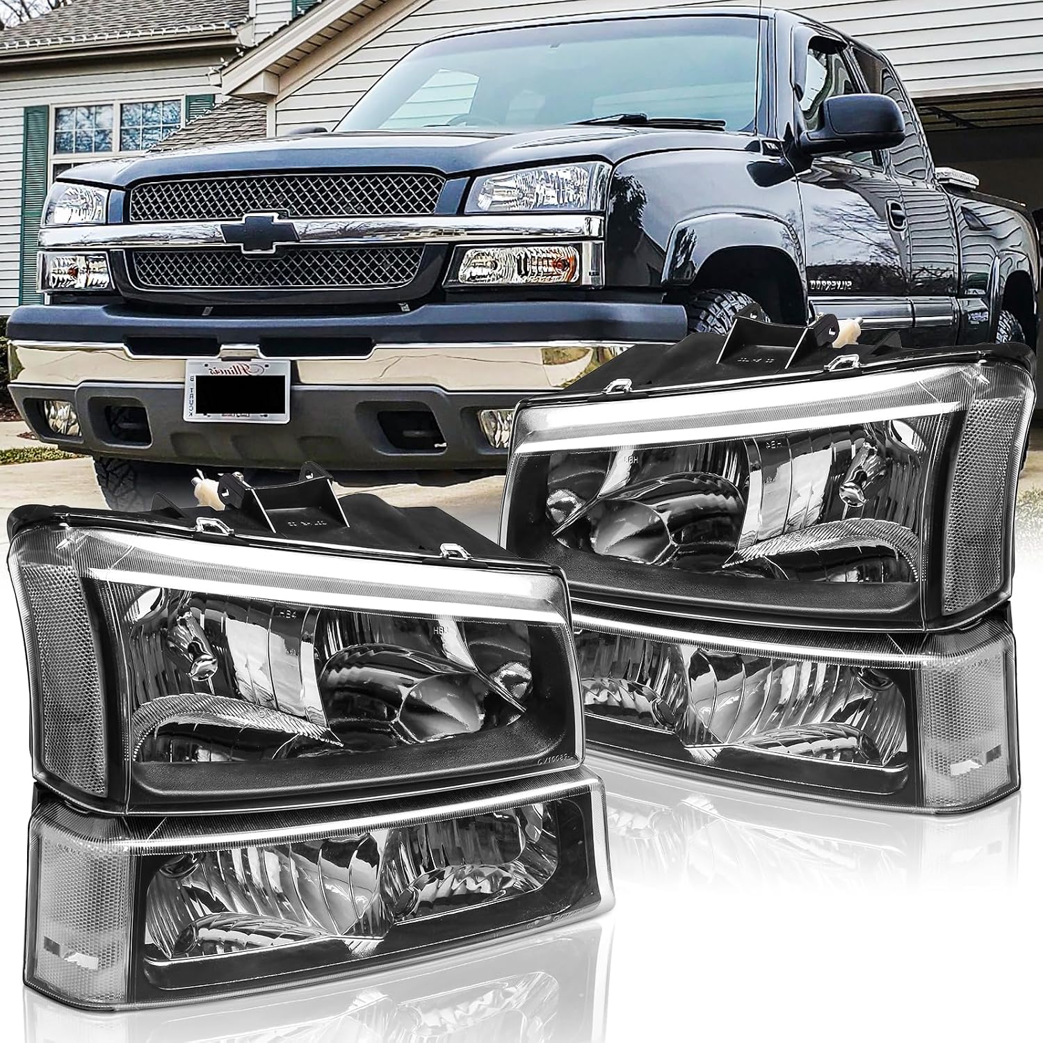 Headlights and Taillights Assembly Combo Kits for 2003-2006 Chevy Silverado 1500 2500 3500 & 2007 Chevy Silverado Classic Head Lamps/Red Rear Tail Brake Signal Lights Replacement (LH RH),Black Clear