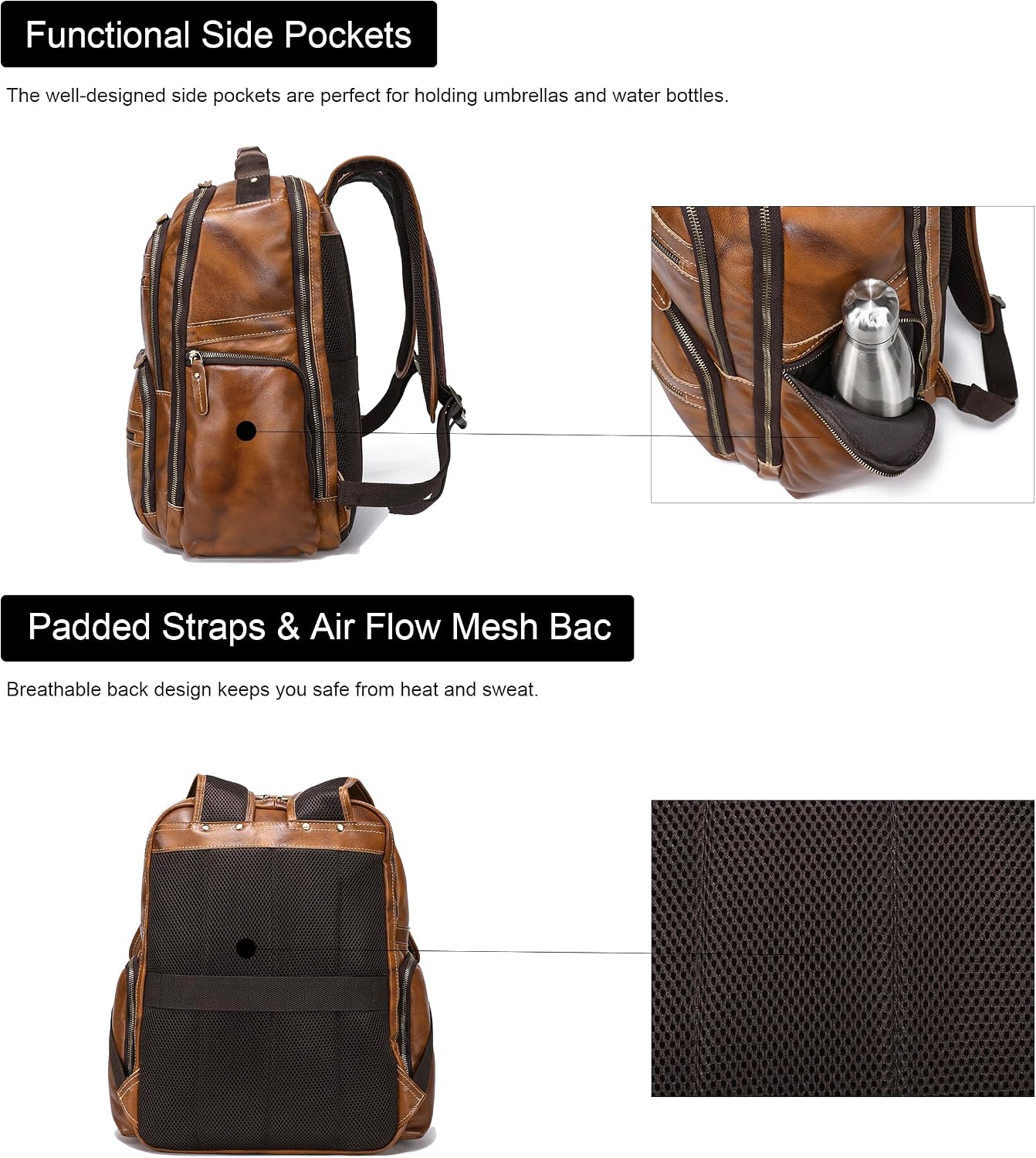 LANNSYNE Vintage Full Grain Leather Backpack For Men, 17.3'' Laptop Bag Causal Rucksack Shoulder Bag Overnight For Business/Travel/Camping
