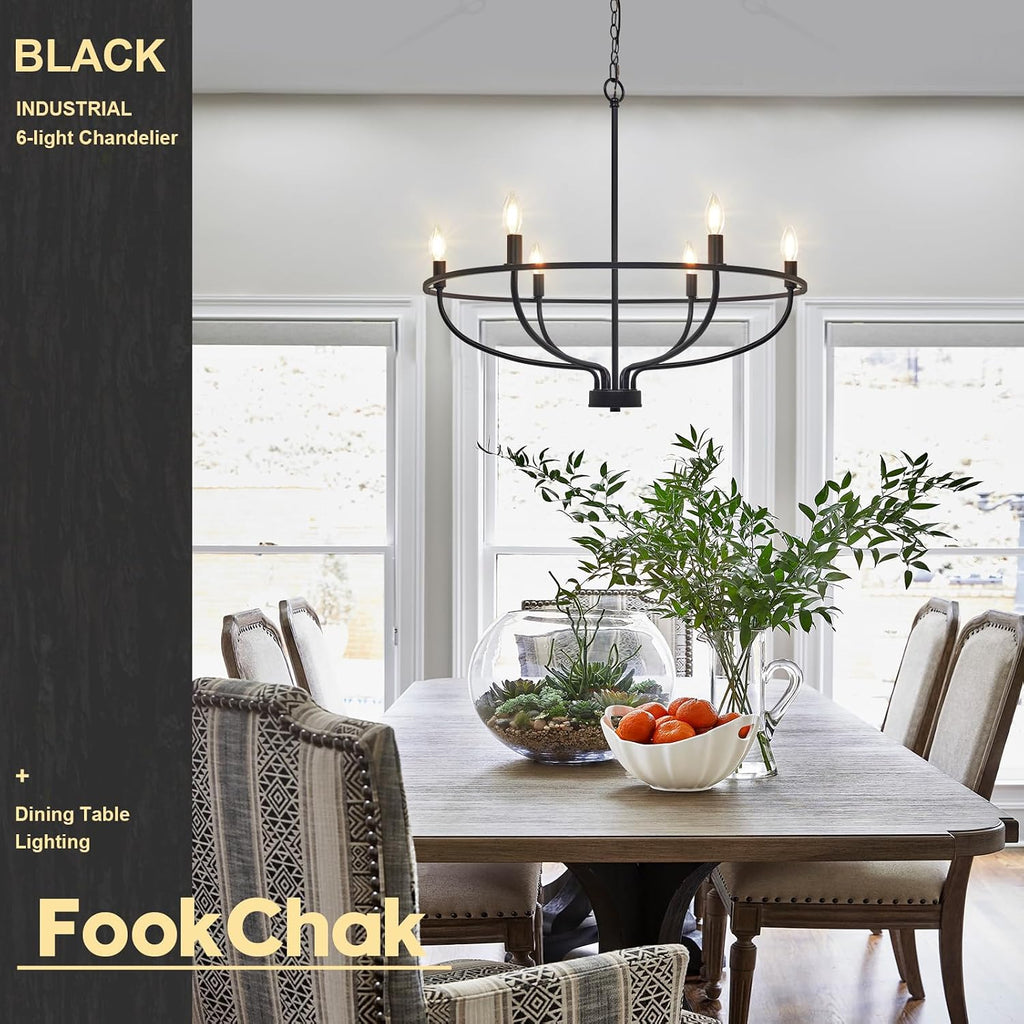 Black Dining Room Light Fixture, 6-Light Farmhouse Black Chandelier for Bedroom Metal Candle Chandeliers Hanging Lighting for Kitchen Living Room Entryway Foyer, 28.54in