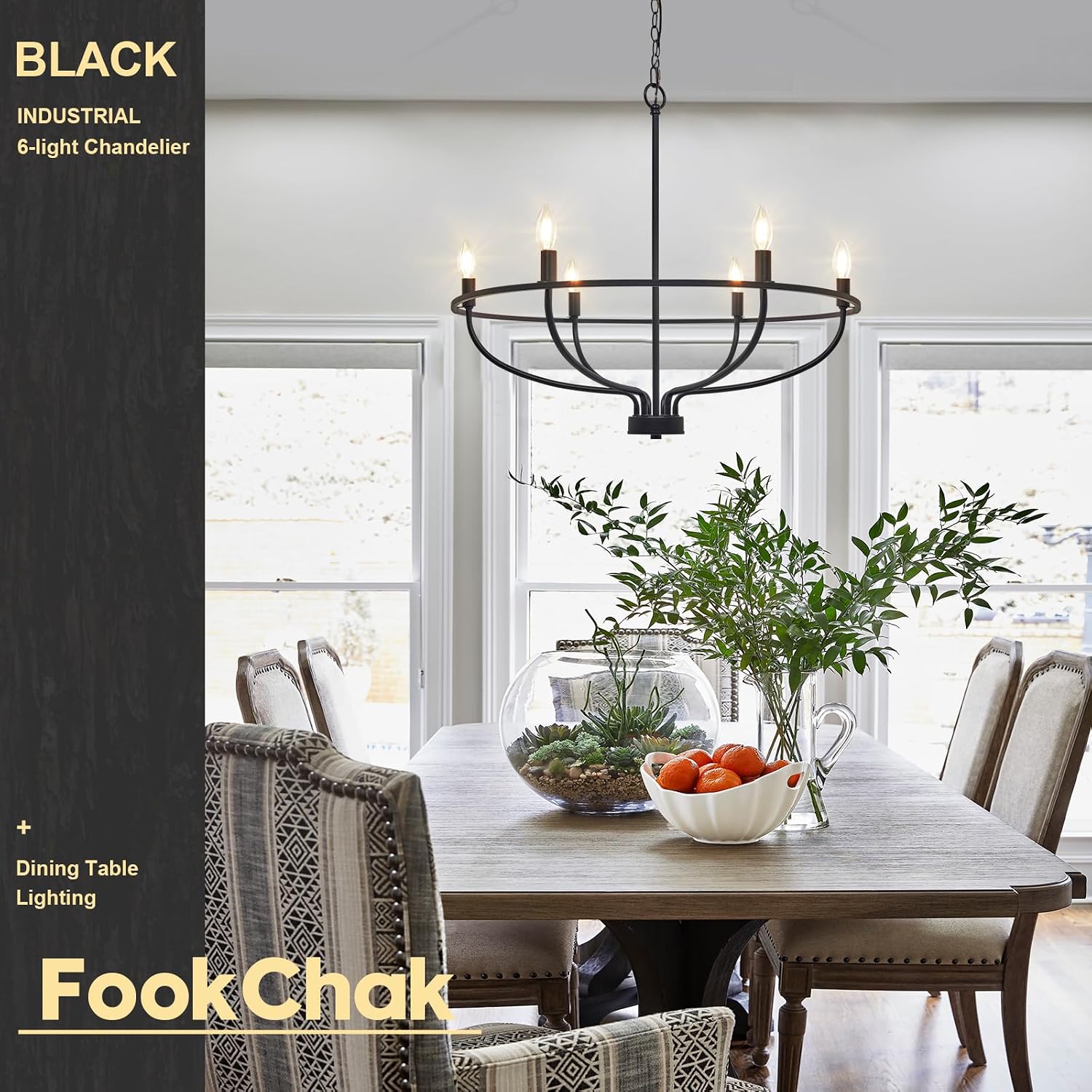 Black Dining Room Light Fixture, 6-Light Farmhouse Black Chandelier for Bedroom Metal Candle Chandeliers Hanging Lighting for Kitchen Living Room Entryway Foyer, 28.54in