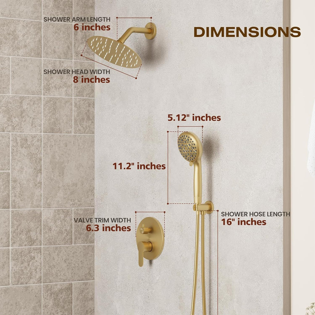 Brushed Gold Shower System, Bathroom Shower Combo Set with 8-Inch Rain Shower Head, 8-Spray Mode Filtered Handheld Shower Head, Wall Mounted with Rough-In Valve Body and Trim Included