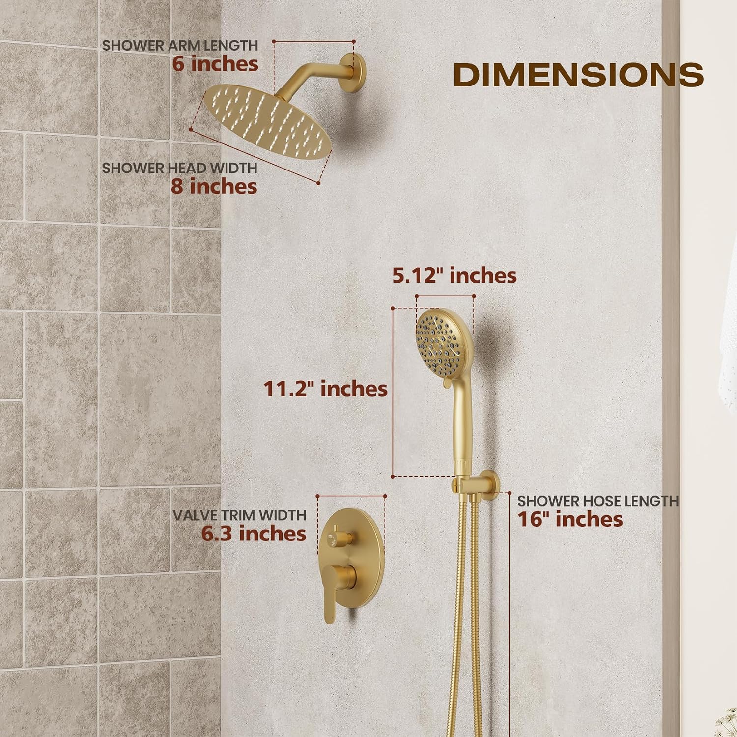 Brushed Gold Shower System, Bathroom Shower Combo Set with 8-Inch Rain Shower Head, 8-Spray Mode Filtered Handheld Shower Head, Wall Mounted with Rough-In Valve Body and Trim Included